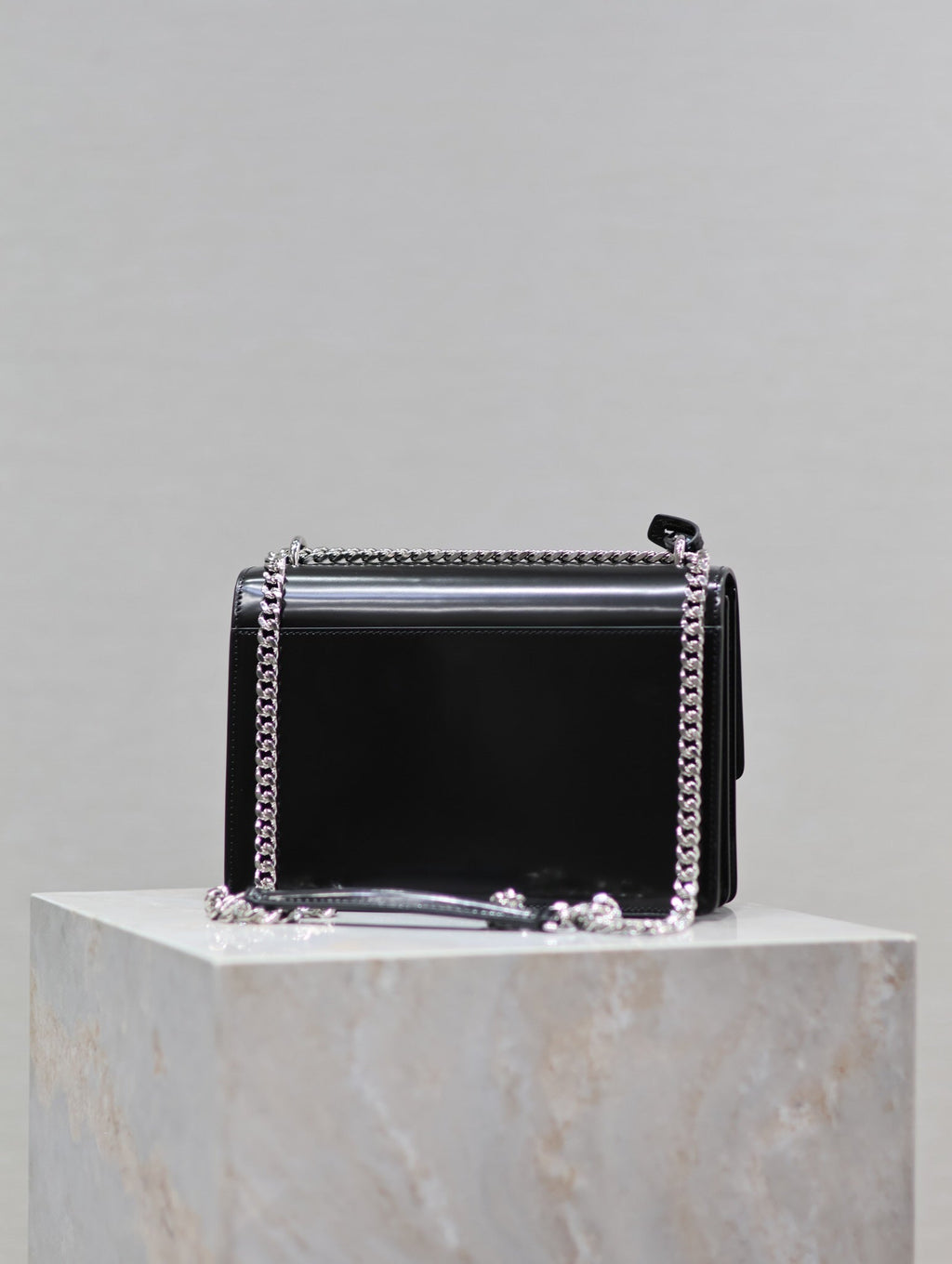 YSL 25S SUNSET MEDIUM 22 IN BLACK SHINY CALFSKIN SILVER HARDWARE