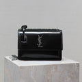 YSL 25S SUNSET MEDIUM 22 IN BLACK SHINY CALFSKIN SILVER HARDWRE