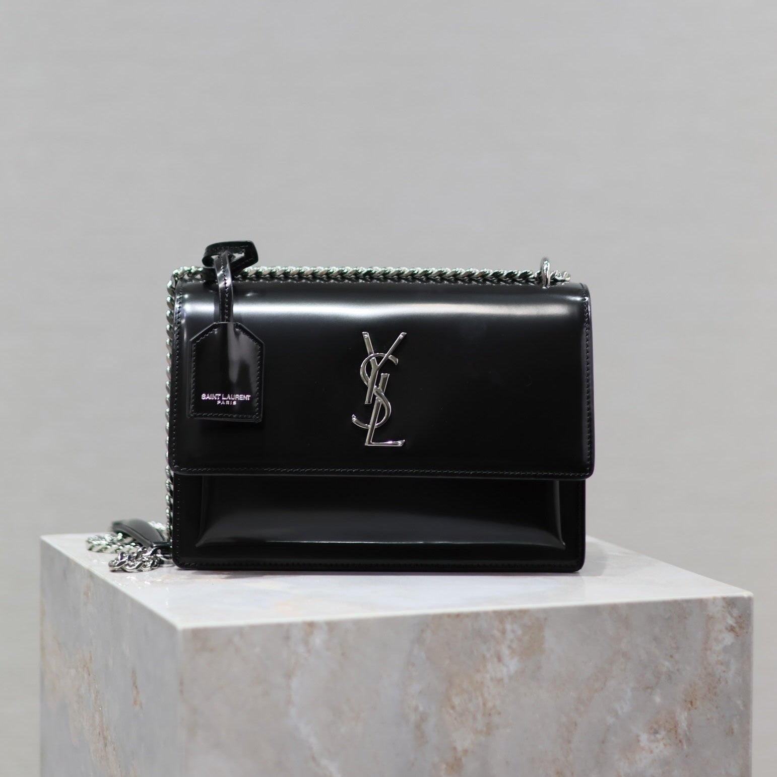 YSL 25S SUNSET MEDIUM 22 IN BLACK SHINY CALFSKIN SILVER HARDWRE