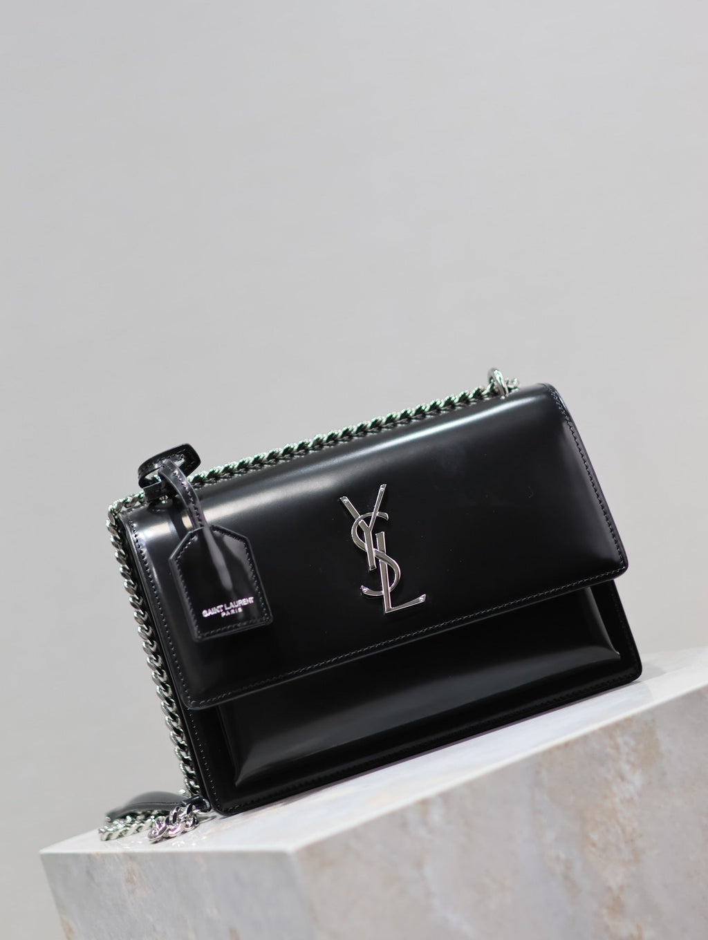 YSL 25S SUNSET MEDIUM 22 IN BLACK SHINY CALFSKIN SILVER HARDWRE