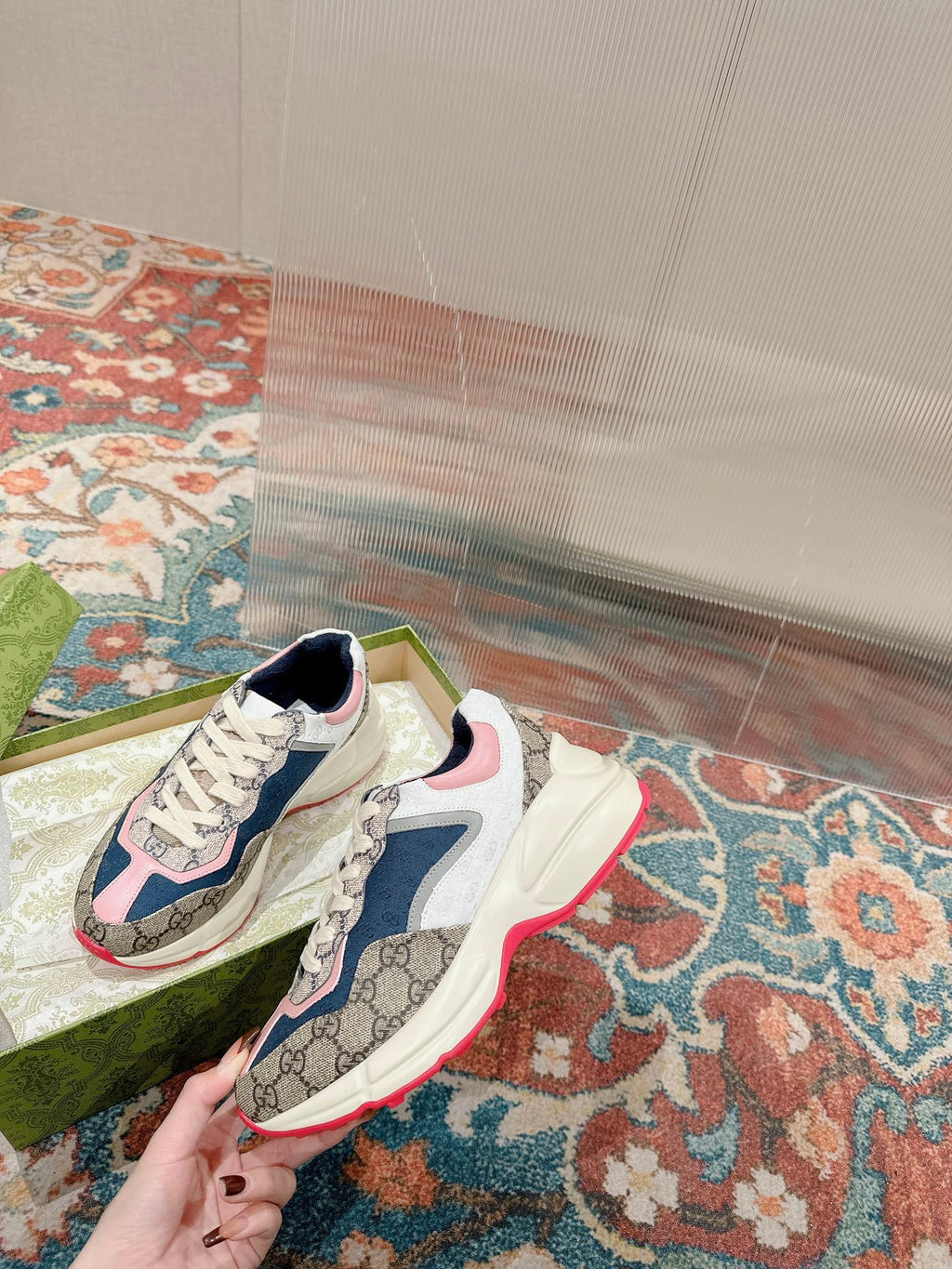 GG RHYTON TRAINER LIGHT BROWN AND PINK CALFSKIN