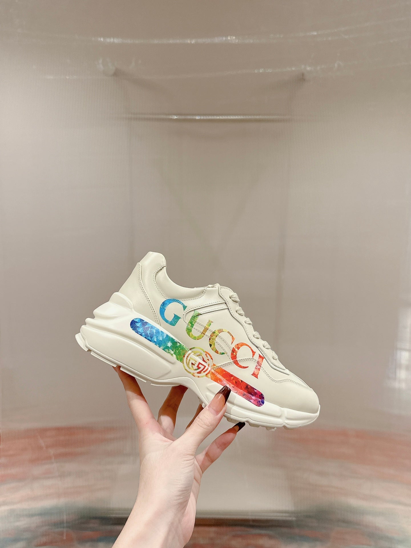 GG RHYTON TRAINER WHITE CALFSKIN WITH MULTI PATTERNS