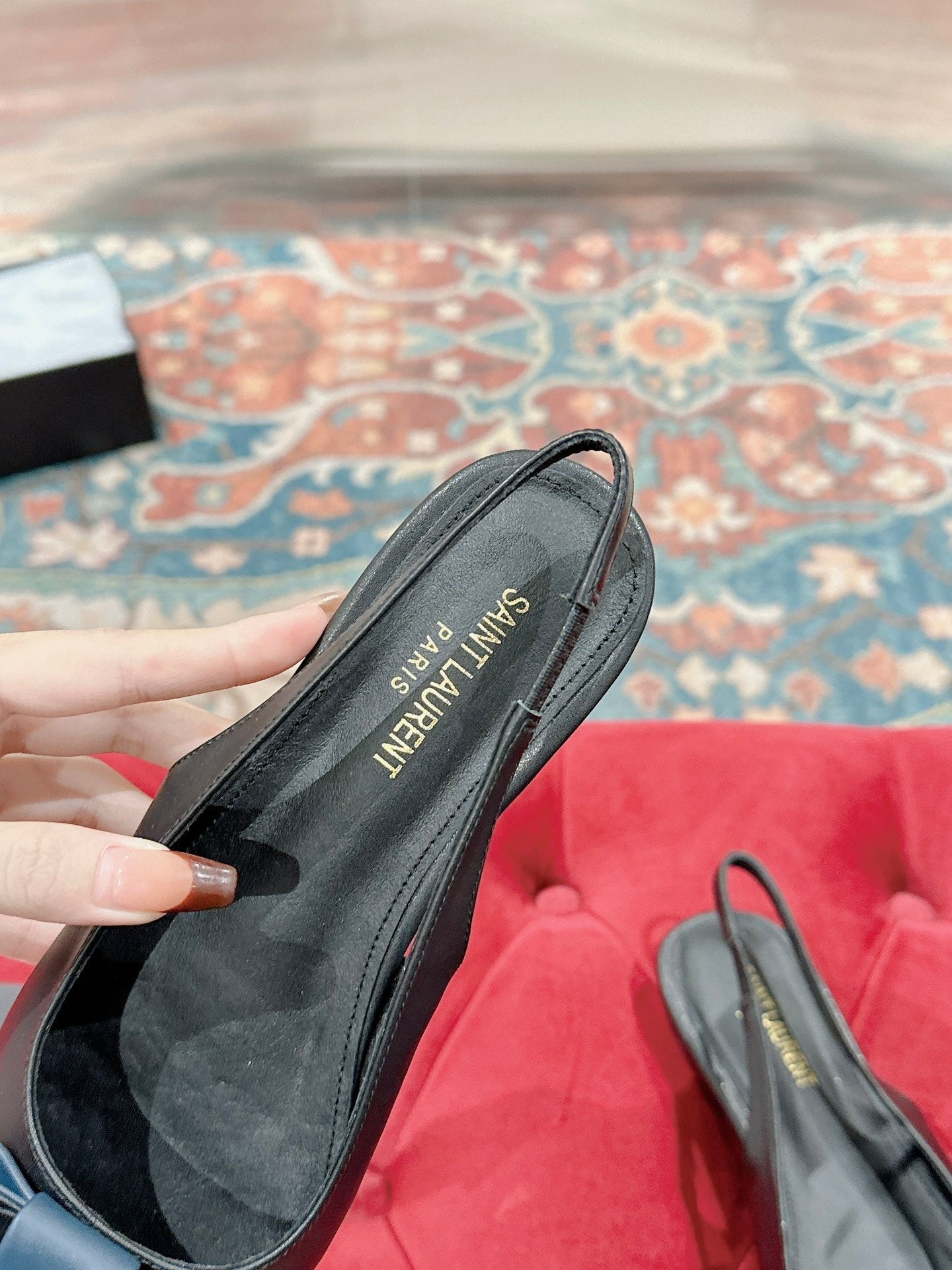 CASSANDRA SLINGBACK FLAT IN BLACK MIX BLUE SMOOTH LAMBSKIN