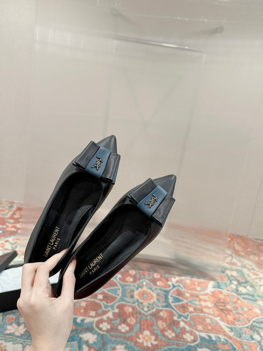 CASSANDRA BALLET FLAT IN BLACK MIX BLUE SMOOTH LAMBSKIN