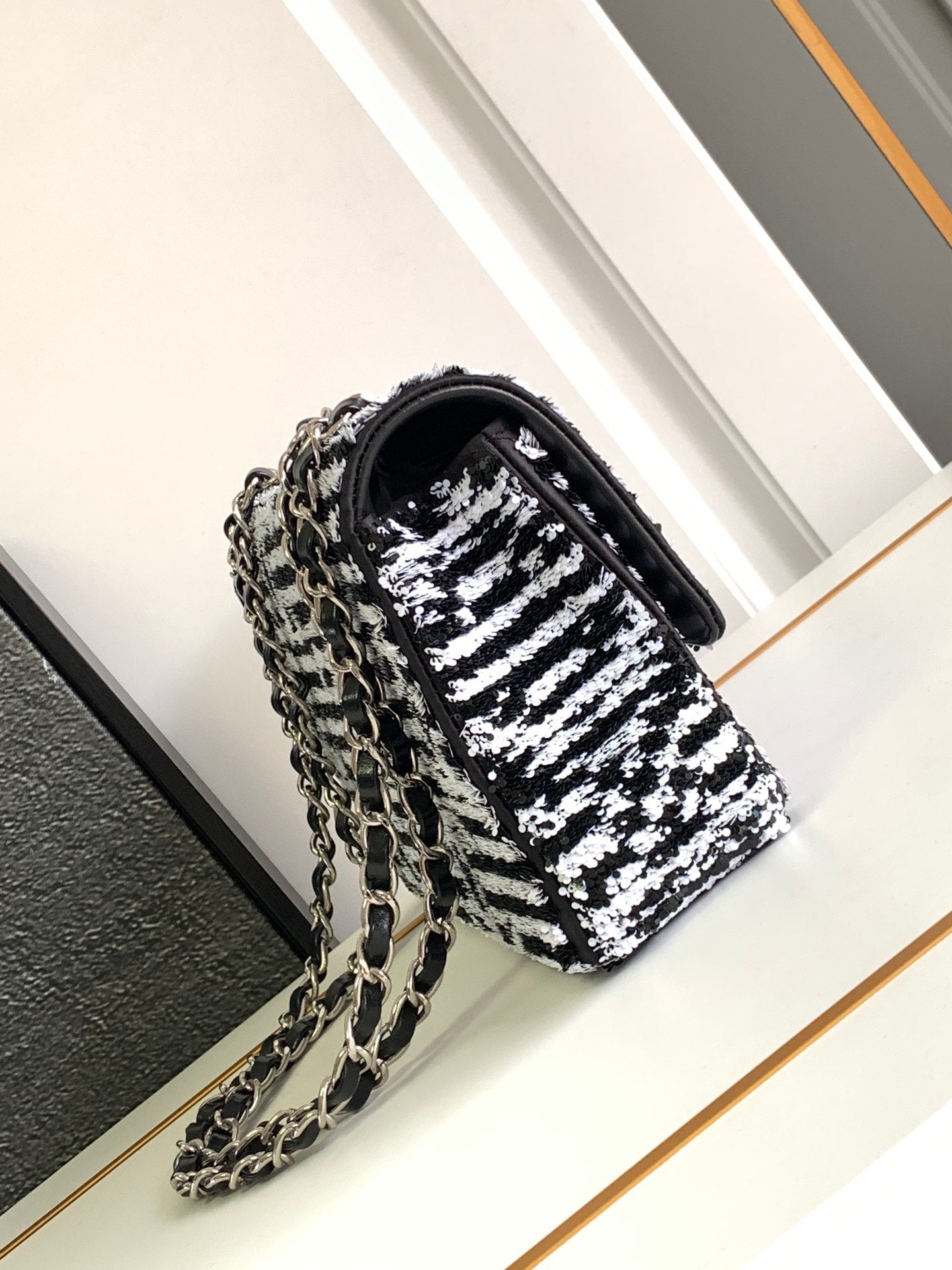 CHANEL 25S FLAP BAG 25 CM IN WHITE MIX BLACK SEQUINS