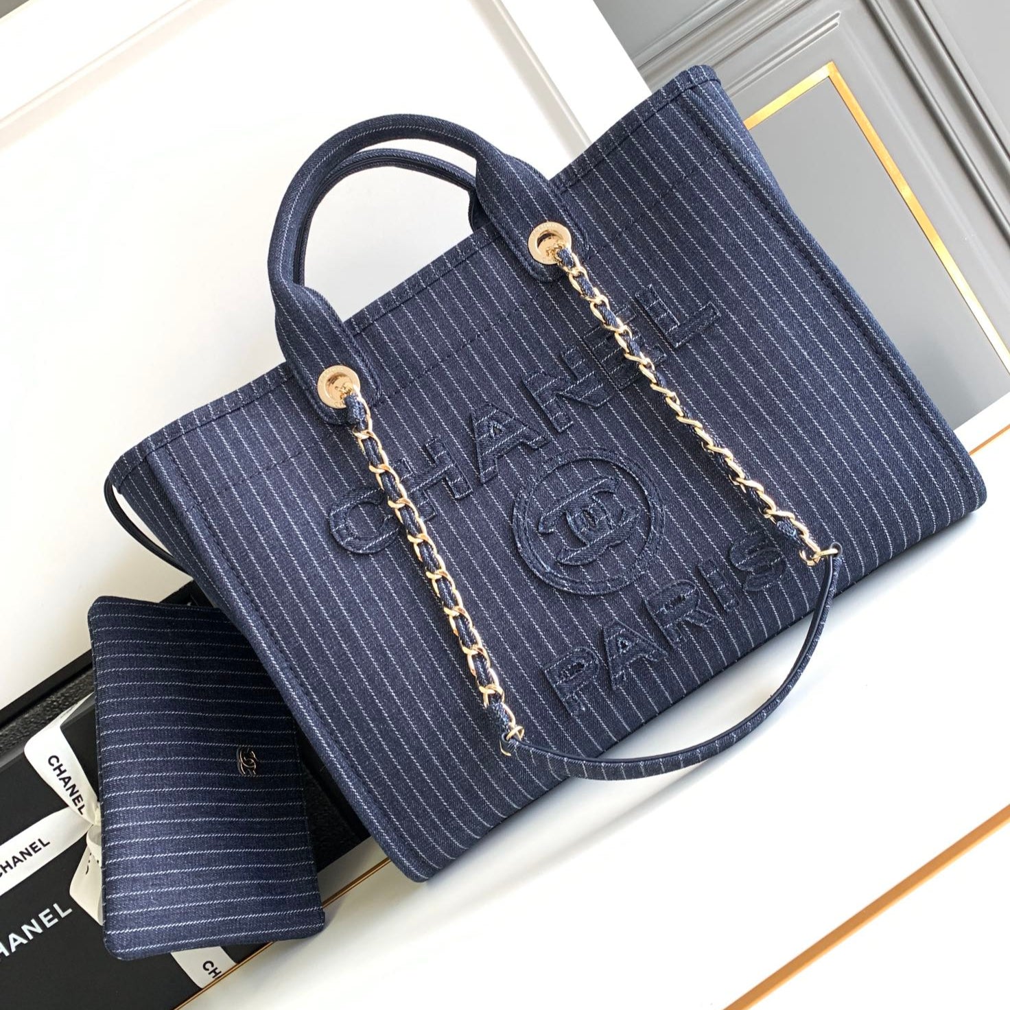 CHANEL 25S TOTE BAG 38 CM IN NAVY BLUE CANVAS