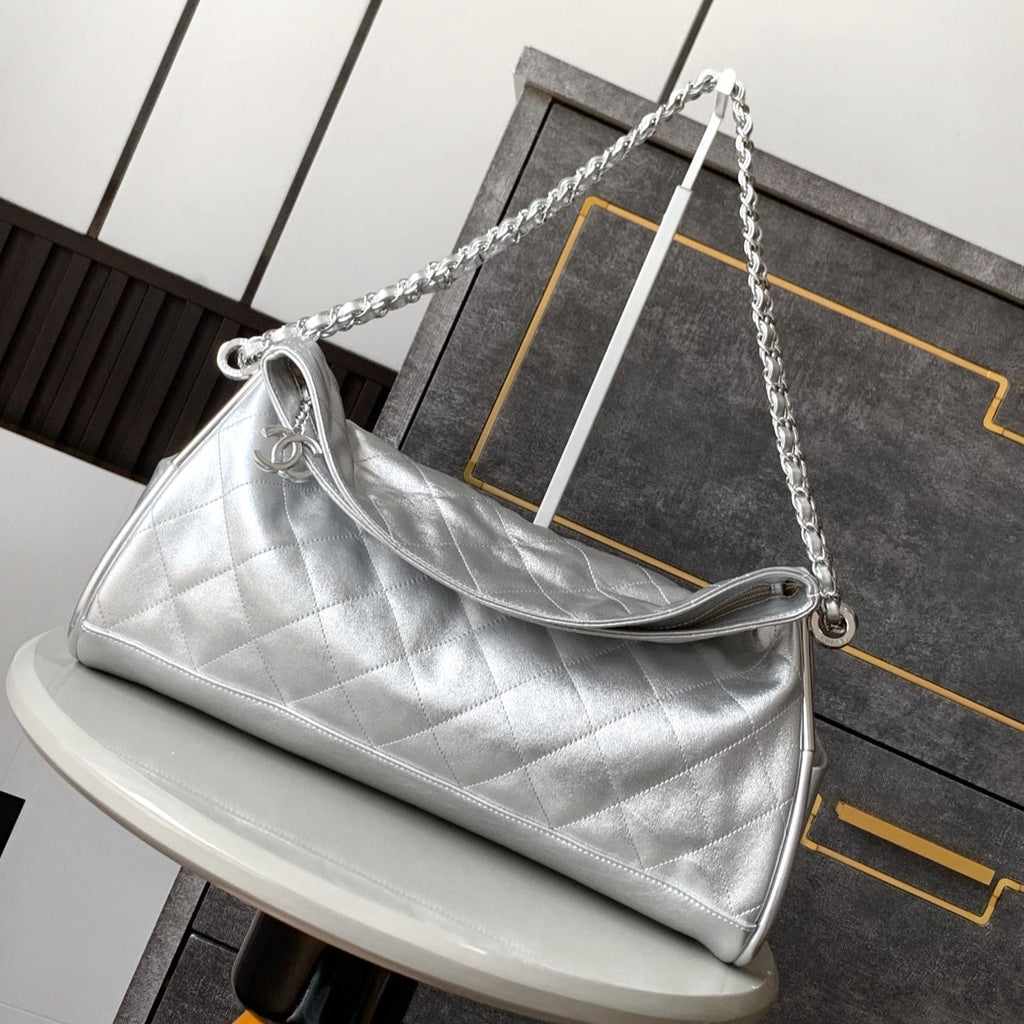CHANEL 25S HOBO BAG 40 CM IN SILVER LAMBSKIN
