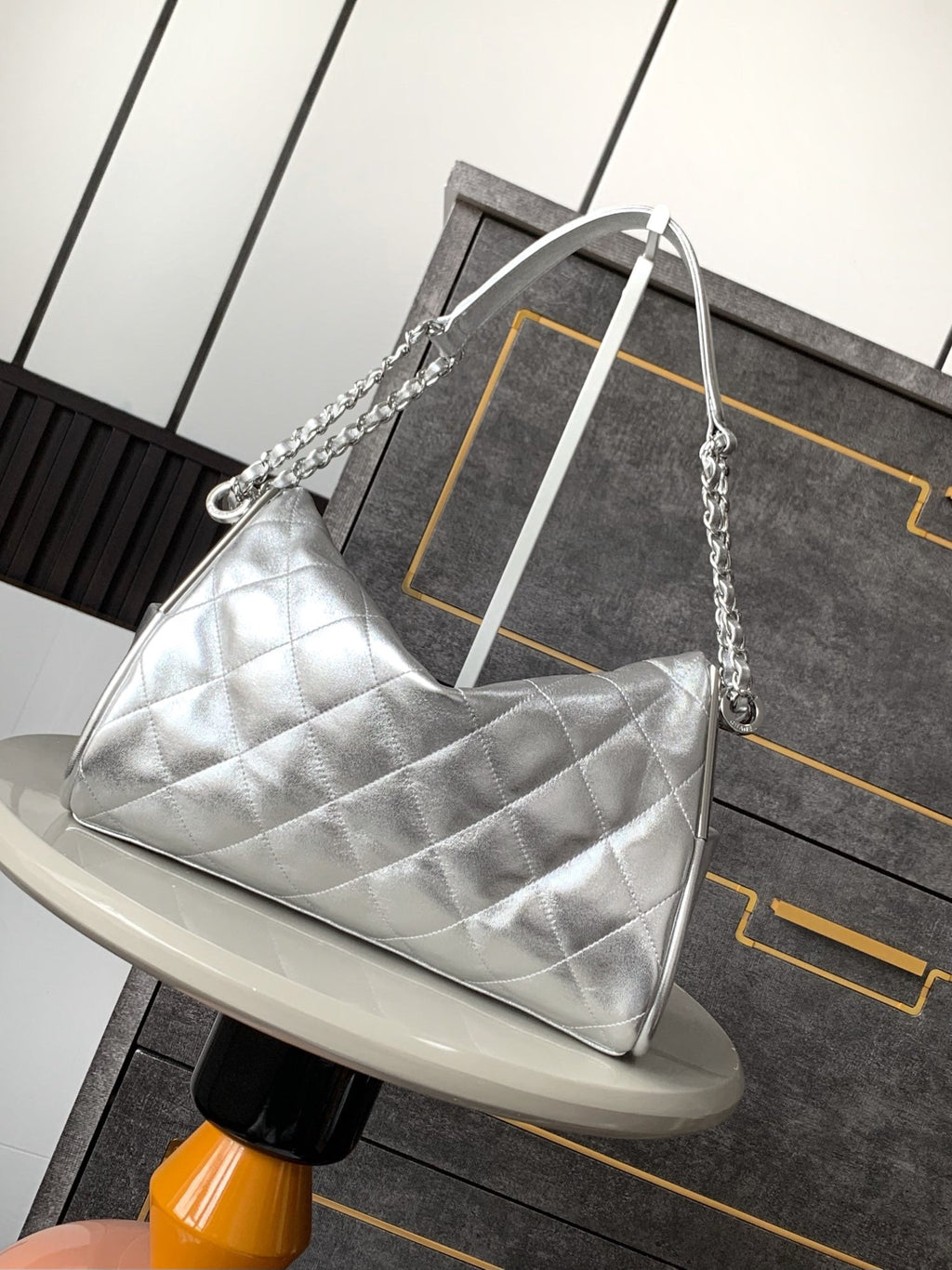 CHANEL 25S HOBO BAG 30 CM IN SILVER LAMBSKIN