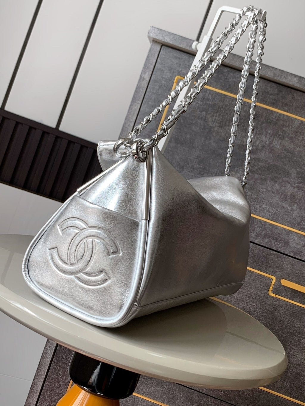 CHANEL 25S HOBO BAG 40 CM IN SILVER SMOOTH CALFSKIN