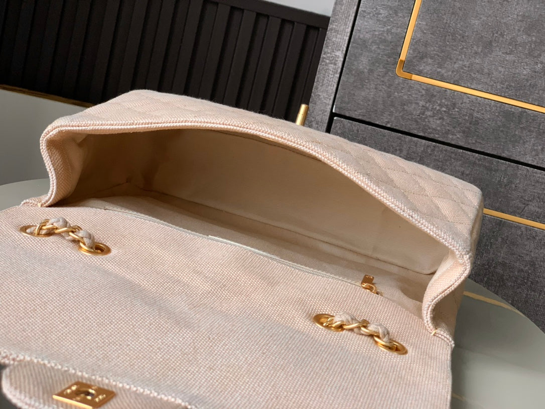 CHANEL 25S CLASSIC FLAP 26 CM IN LIGHT BEIGE CANVAS EMBROIDERED MOTIF WITH GOLD HARDWARE