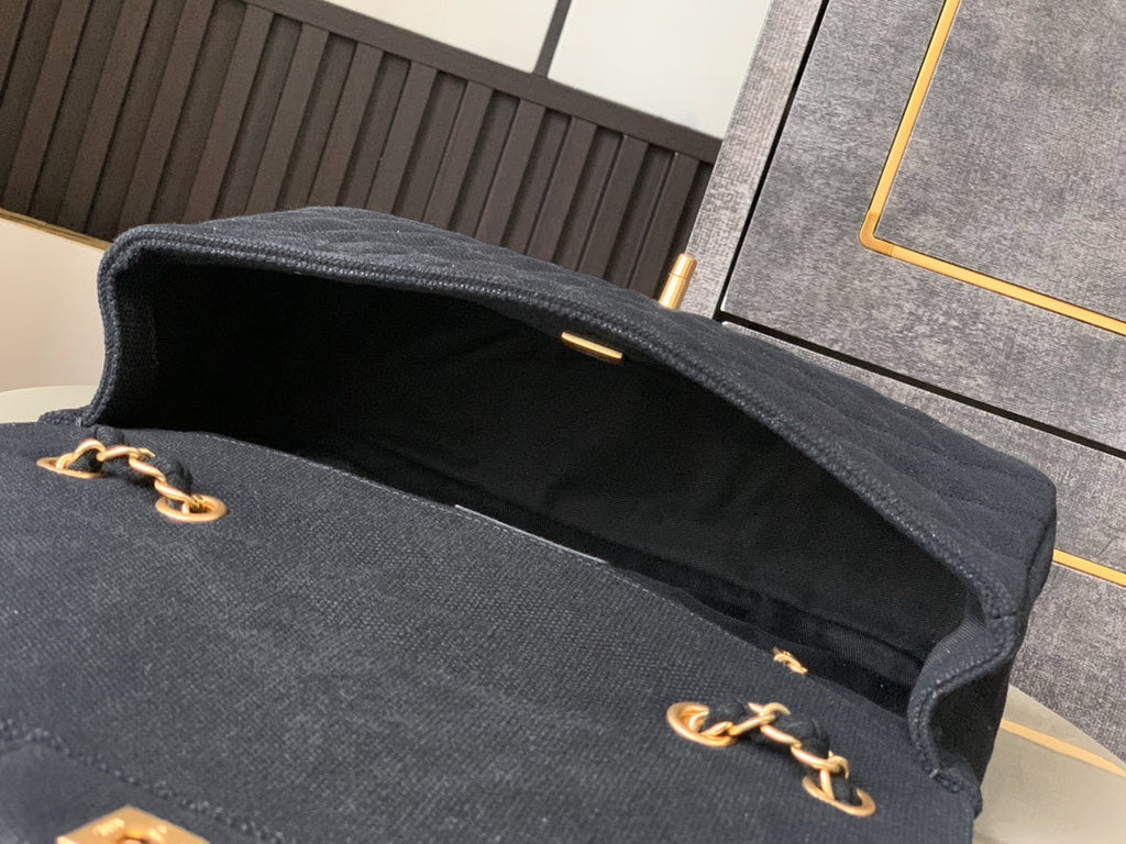 CHANEL 25S CLASSIC FLAP 26 CM IN GUNMETAL BLACK CANVAS EMBROIDERED MOTIF WITH GOLD HARDWARE