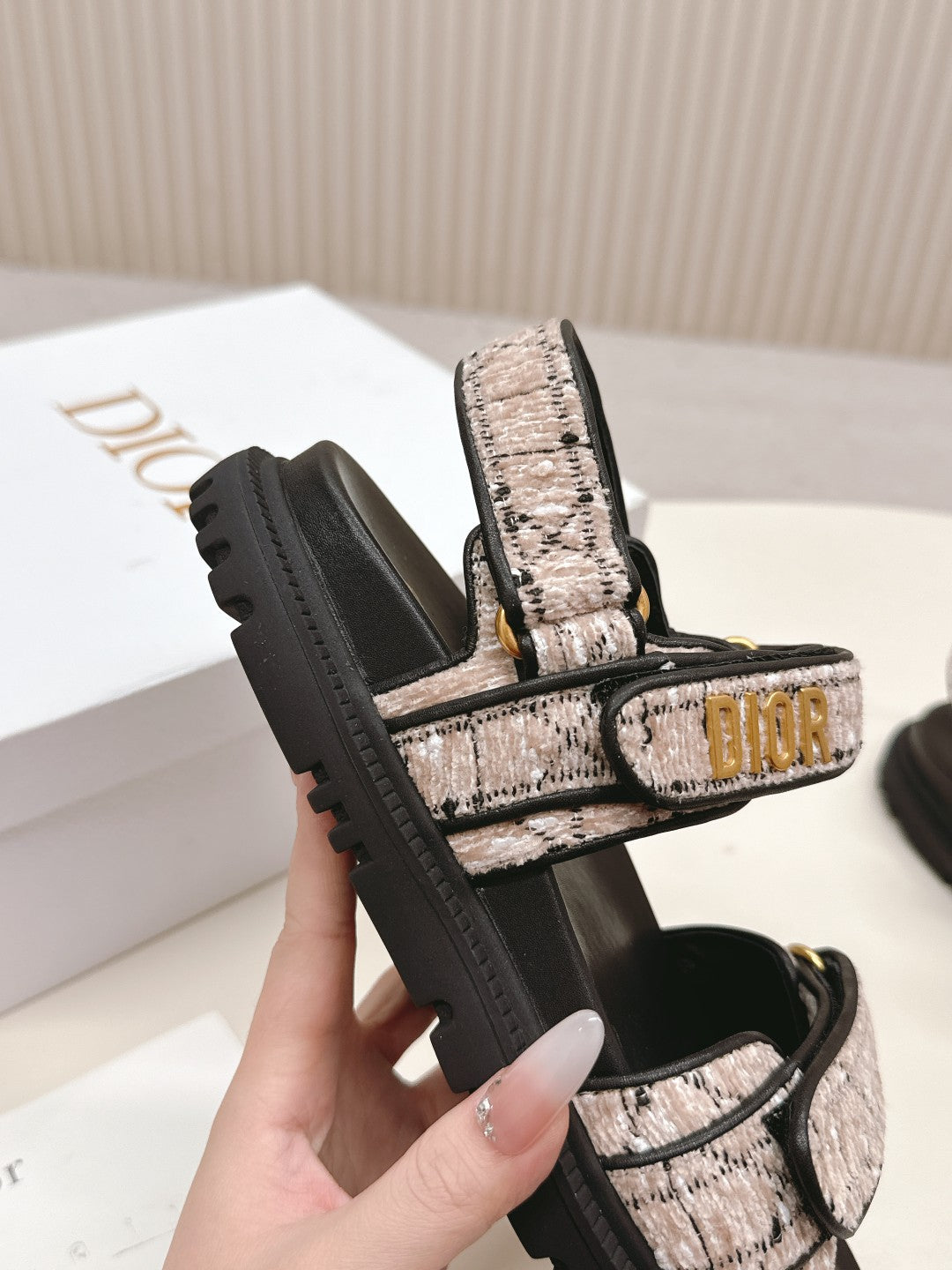 DIOR BACK-STRAP SANDALS 25S IN SOFT ROSE BEIGE TWEED AND BLACK CALFSKIN