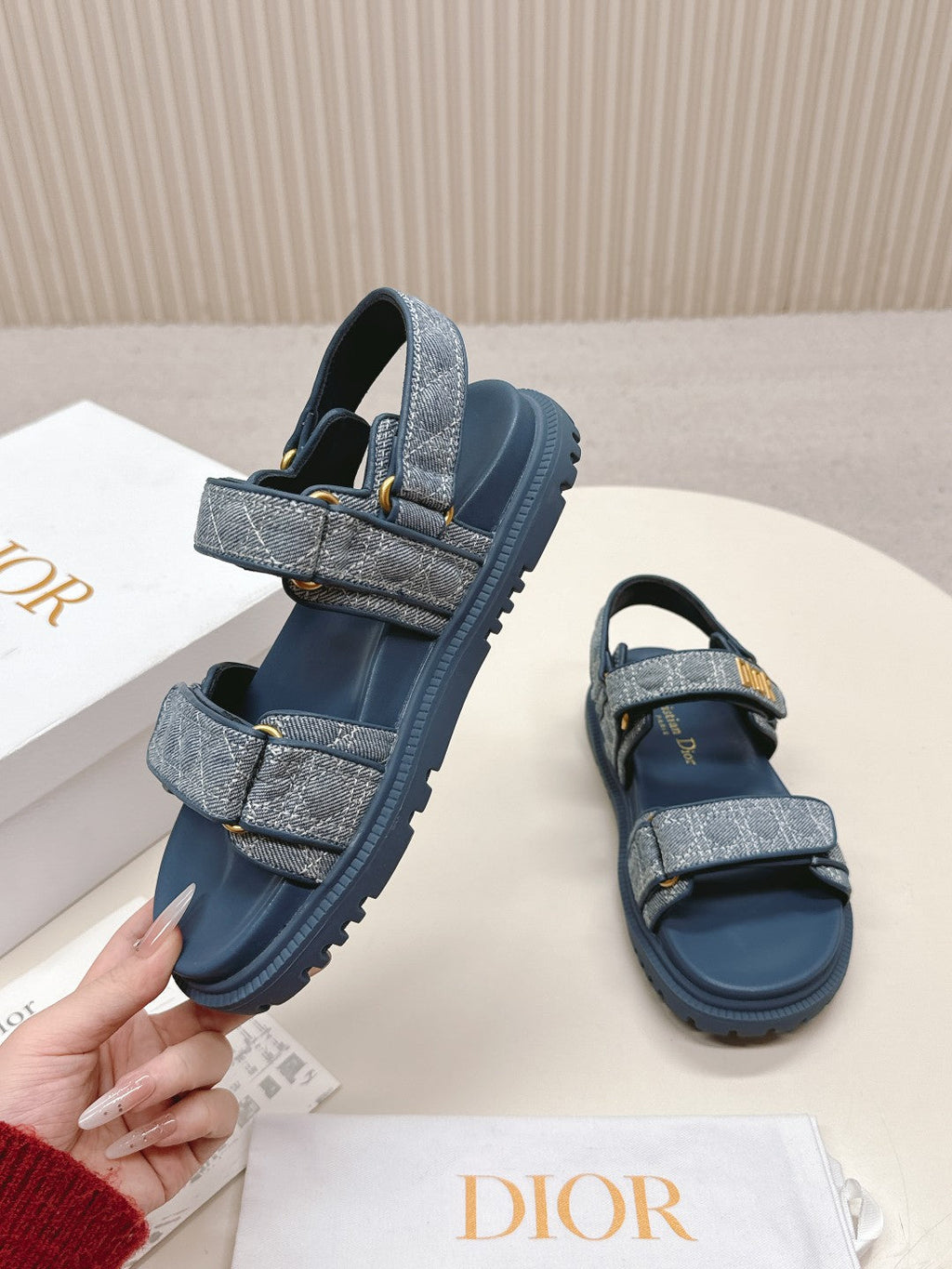 DIOR BACK-STRAP SANDALS 25S IN NAVY BLUE DENIM AND CALFSKIN