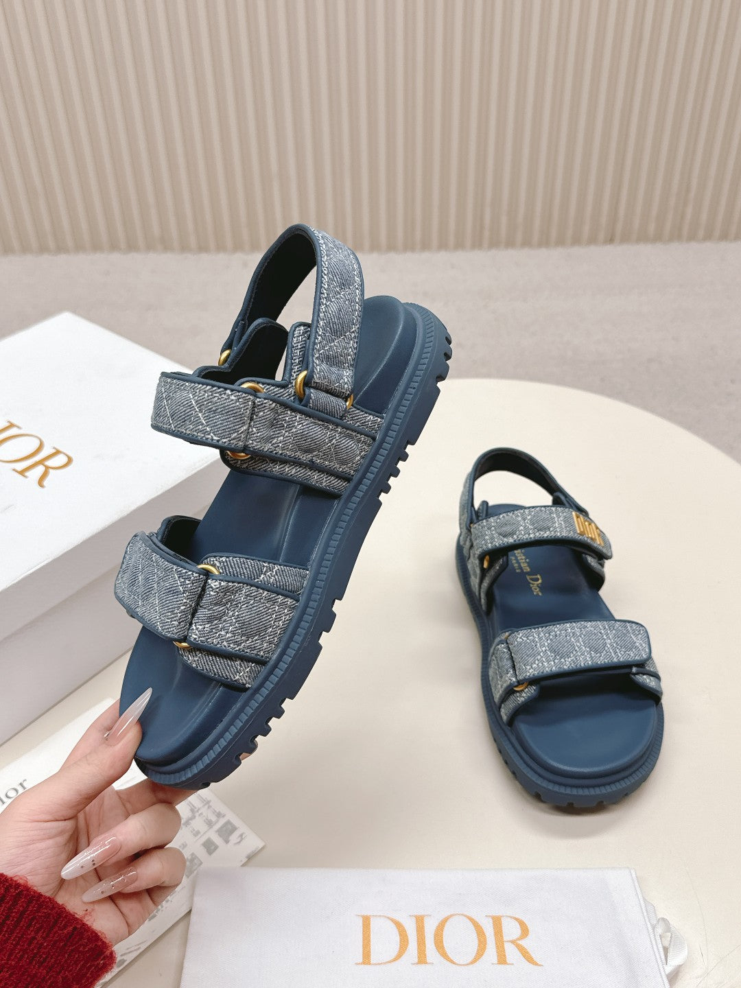 DIOR BACK-STRAP SANDALS 25S IN NAVY BLUE DENIM AND CALFSKIN