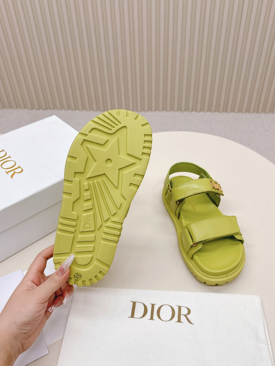DIOR BACK-STRAP SANDALS 25S IN OLIVE YELLOW CALFSKIN WITH GOLD HARDWARE