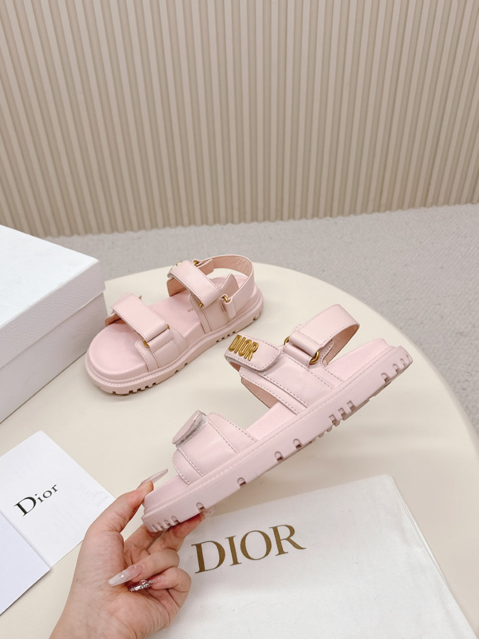 DIOR BACK-STRAP SANDALS 25S IN PASTEL PINK CALFSKIN WITH GOLD HARDWARE