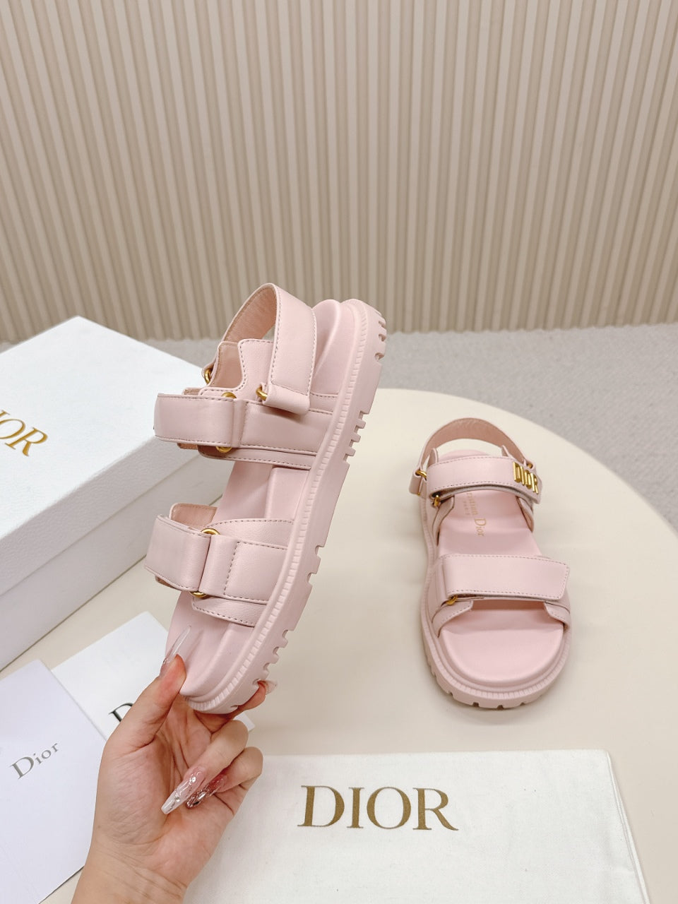 DIOR BACK-STRAP SANDALS 25S IN PASTEL PINK CALFSKIN WITH GOLD HARDWARE