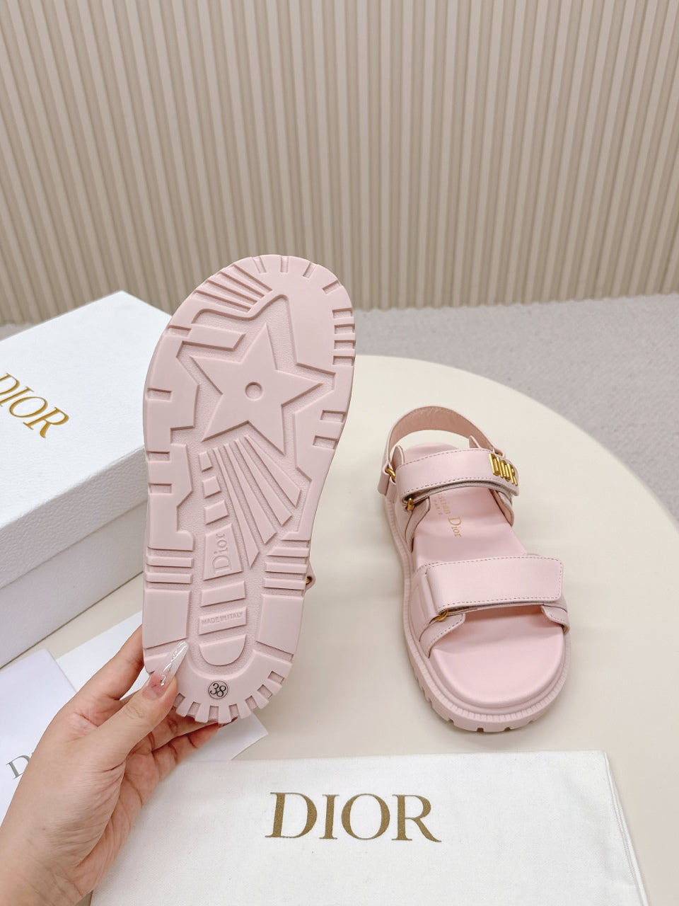 DIOR BACK-STRAP SANDALS 25S IN PASTEL PINK CALFSKIN WITH GOLD HARDWARE