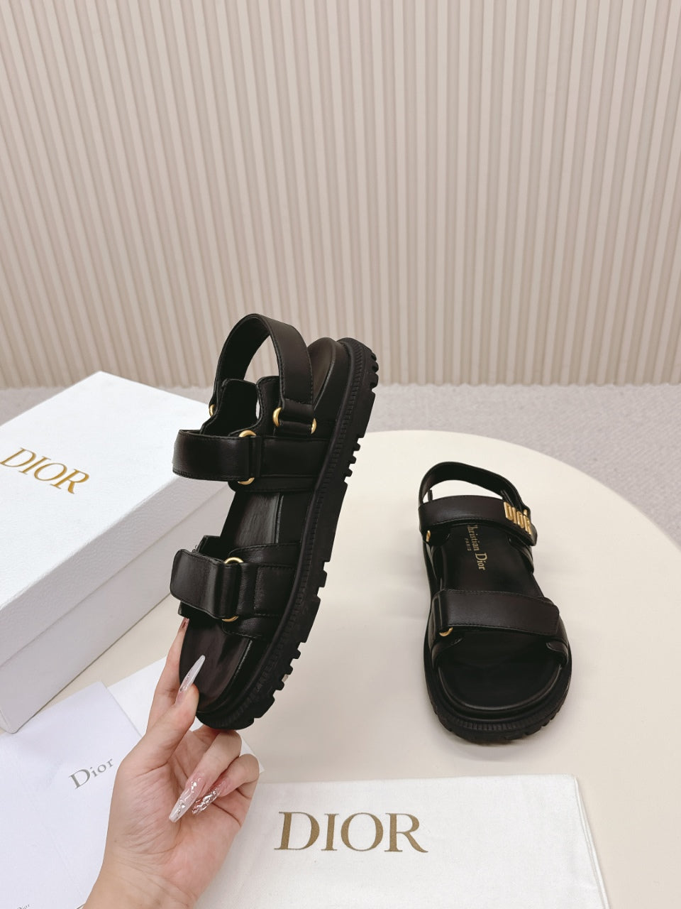DIOR BACK-STRAP SANDALS 25S IN BLACK CALFSKIN WITH GOLD HARDWARE