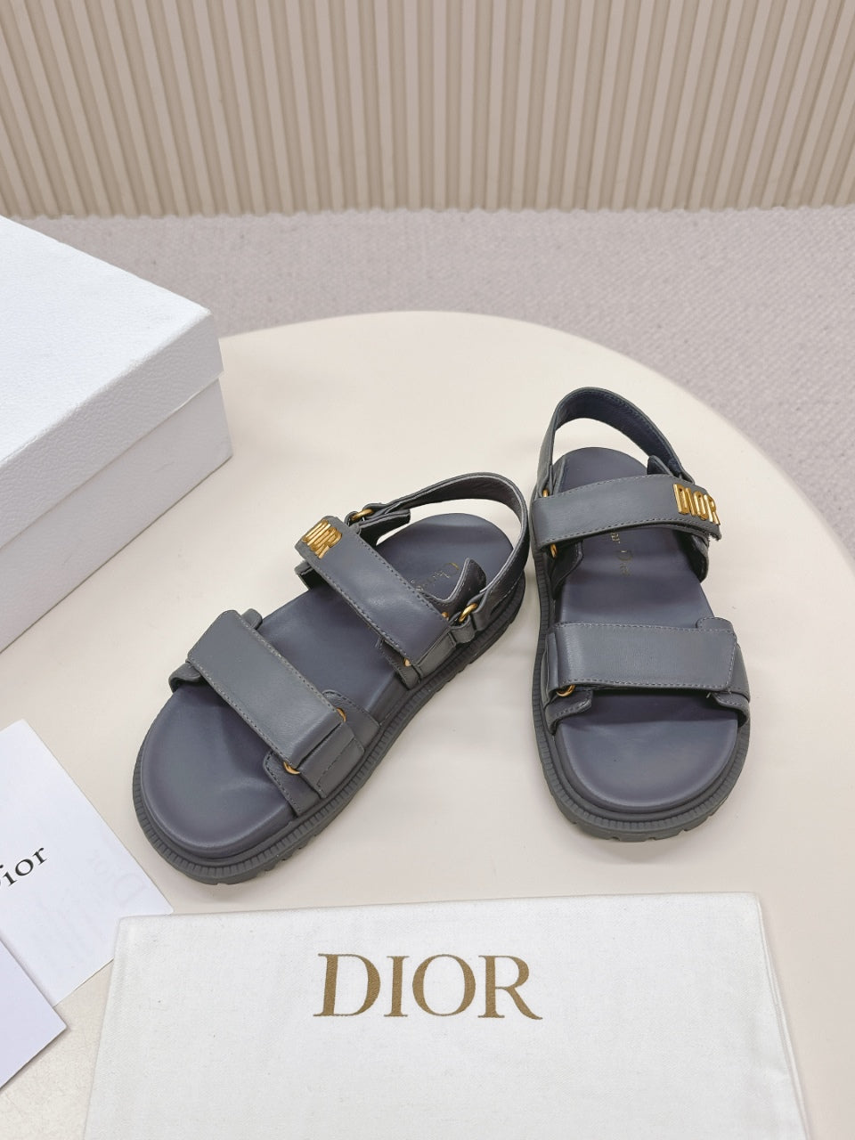 DIOR BACK-STRAP SANDALS 25S IN ASH GRAY CALFSKIN WITH GOLD HARDWARE