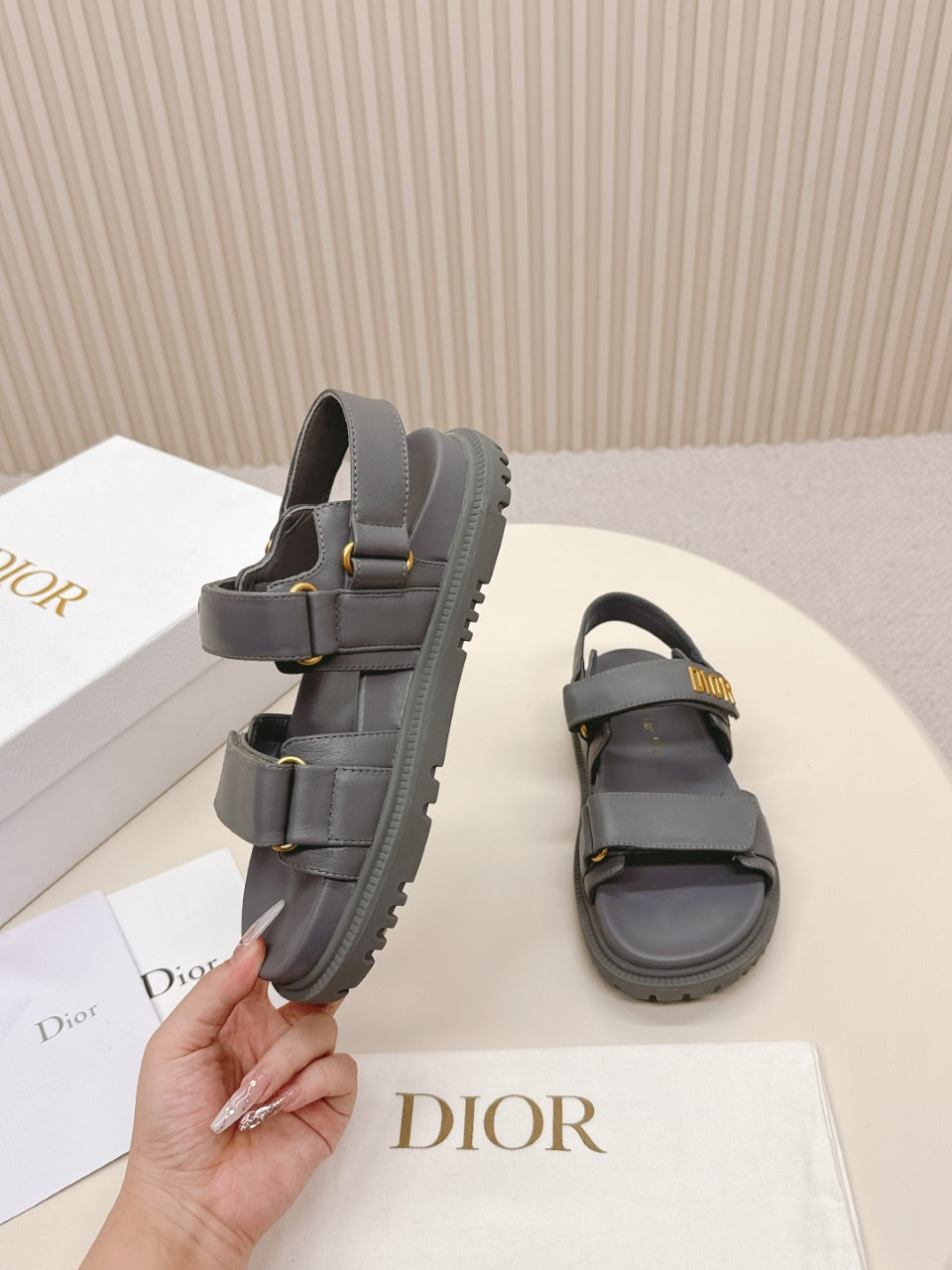DIOR BACK-STRAP SANDALS 25S IN ASH GRAY CALFSKIN WITH GOLD HARDWARE