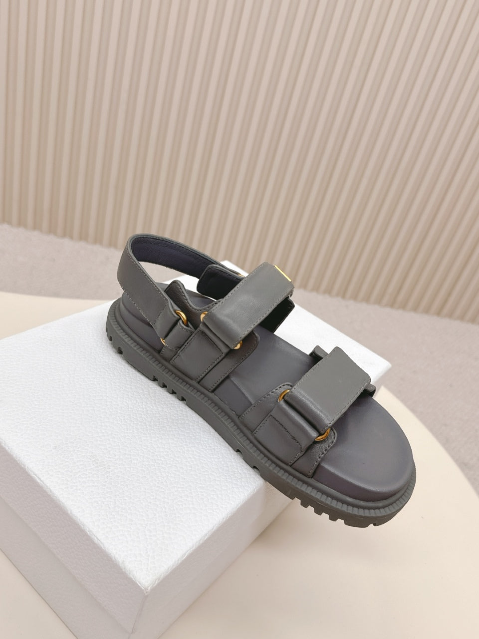 DIOR BACK-STRAP SANDALS 25S IN ASH GRAY CALFSKIN WITH GOLD HARDWARE