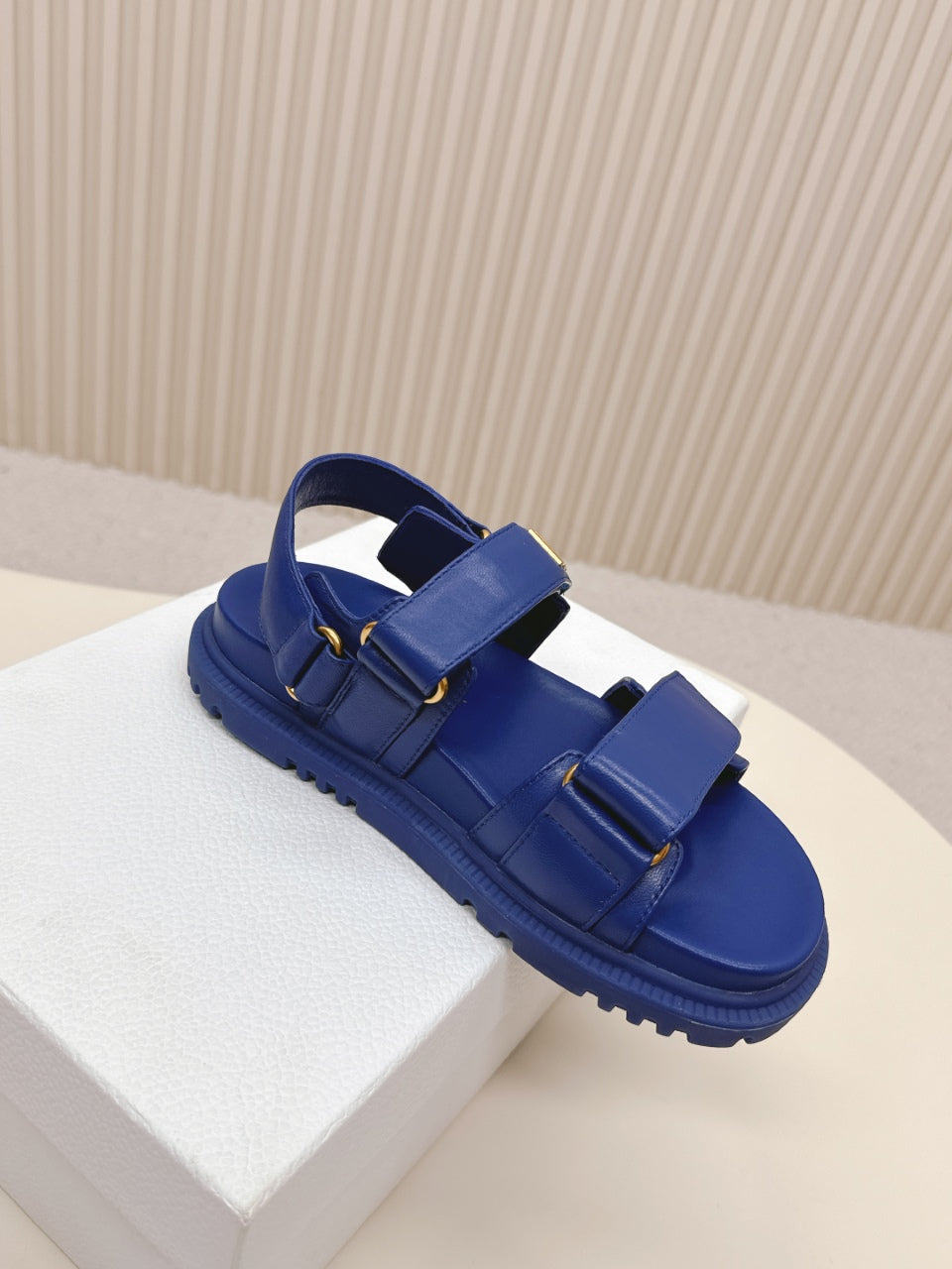 DIOR BACK-STRAP SANDALS 25S IN NAVY BLUE CALFSKIN WITH GOLD HARDWARE