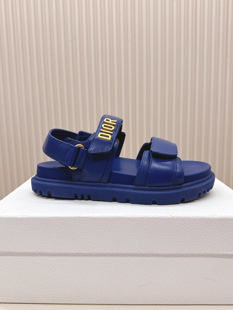 DIOR BACK-STRAP SANDALS 25S IN NAVY BLUE CALFSKIN WITH GOLD HARDWARE
