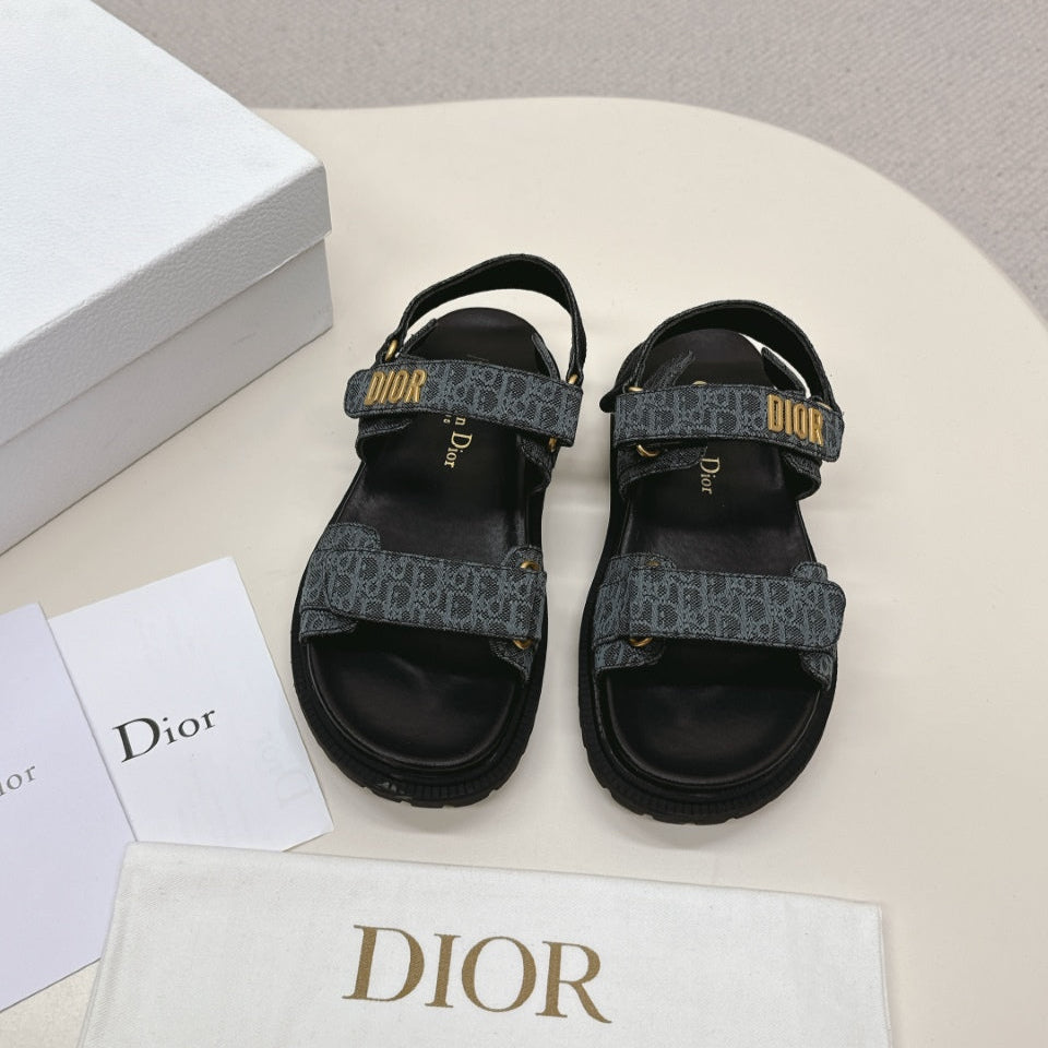 DIOR BACK-STRAP SANDALS 25S IN SLATE BLUE GRAY FABRIC AND BLACK CALFSKIN WITH GOLD HARDWARE