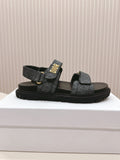 DIOR BACK-STRAP SANDALS 25S IN SLATE BLUE GRAY FABRIC AND BLACK CALFSKIN WITH GOLD HARDWARE