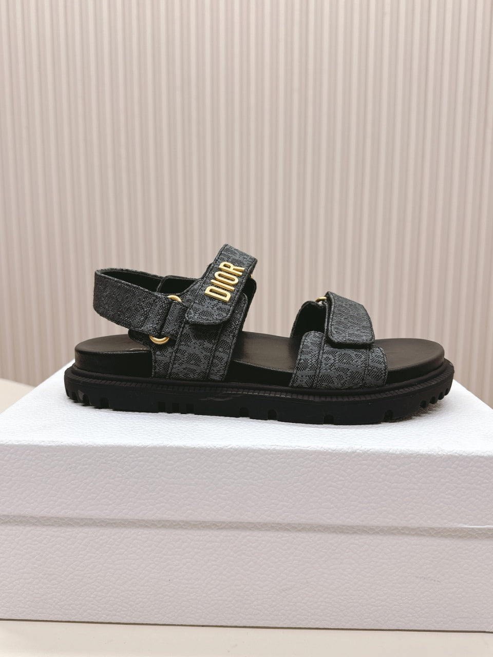 DIOR BACK-STRAP SANDALS 25S IN SLATE BLUE GRAY FABRIC AND BLACK CALFSKIN WITH GOLD HARDWARE