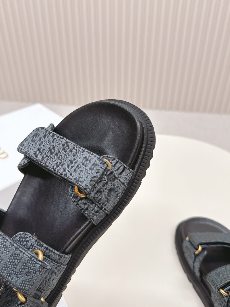 DIOR BACK-STRAP SANDALS 25S IN SLATE BLUE GRAY FABRIC AND BLACK CALFSKIN WITH GOLD HARDWARE