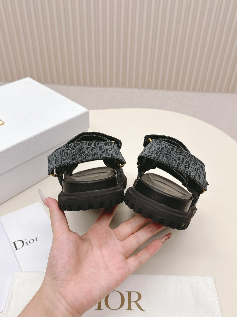 DIOR BACK-STRAP SANDALS 25S IN SLATE BLUE GRAY FABRIC AND BLACK CALFSKIN WITH GOLD HARDWARE