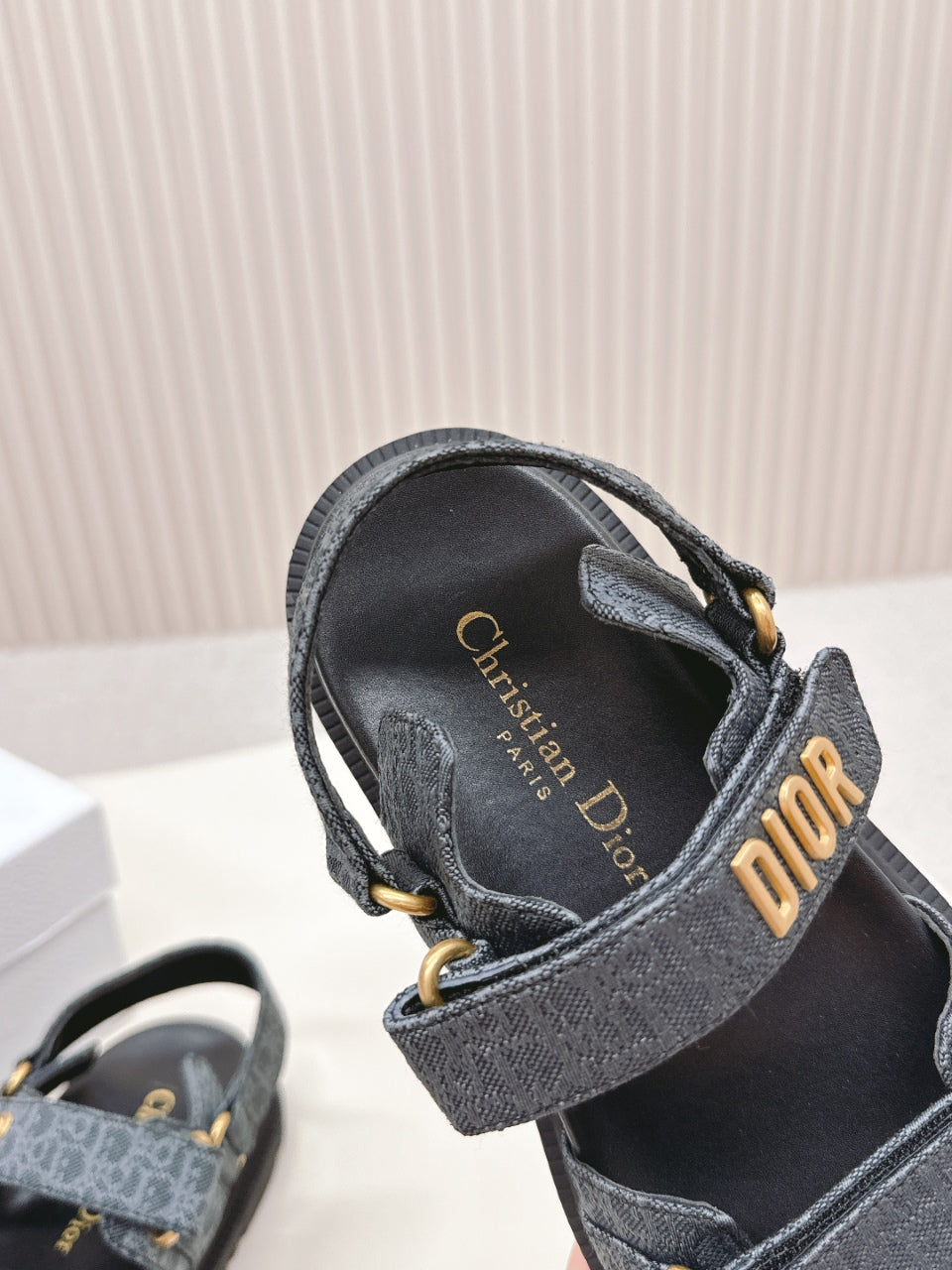 DIOR BACK-STRAP SANDALS 25S IN SLATE BLUE GRAY FABRIC AND BLACK CALFSKIN WITH GOLD HARDWARE