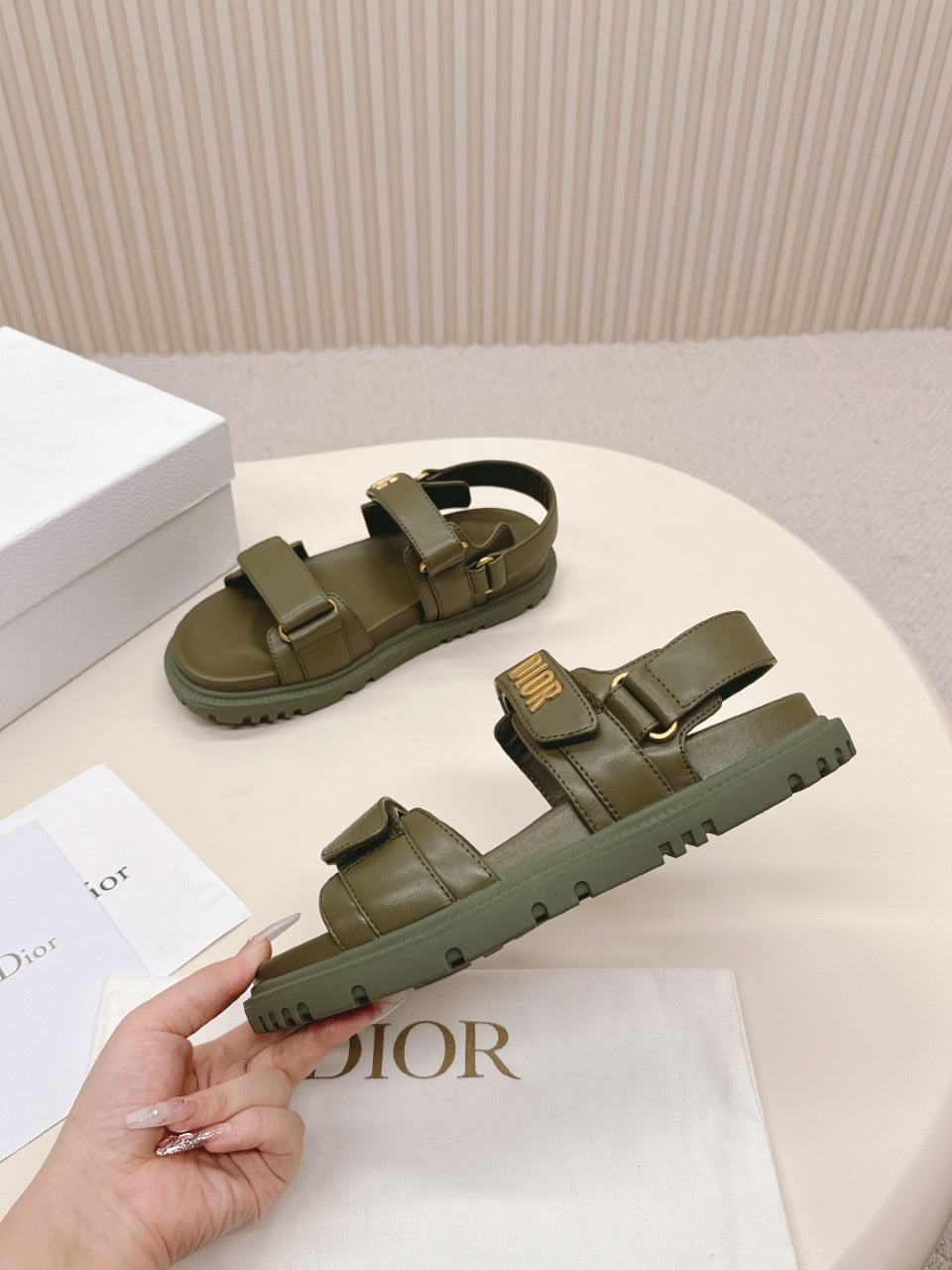 DIOR BACK-STRAP SANDALS 25S IN MOSS GREEN CALFSKIN WITH GOLD HARDWARE