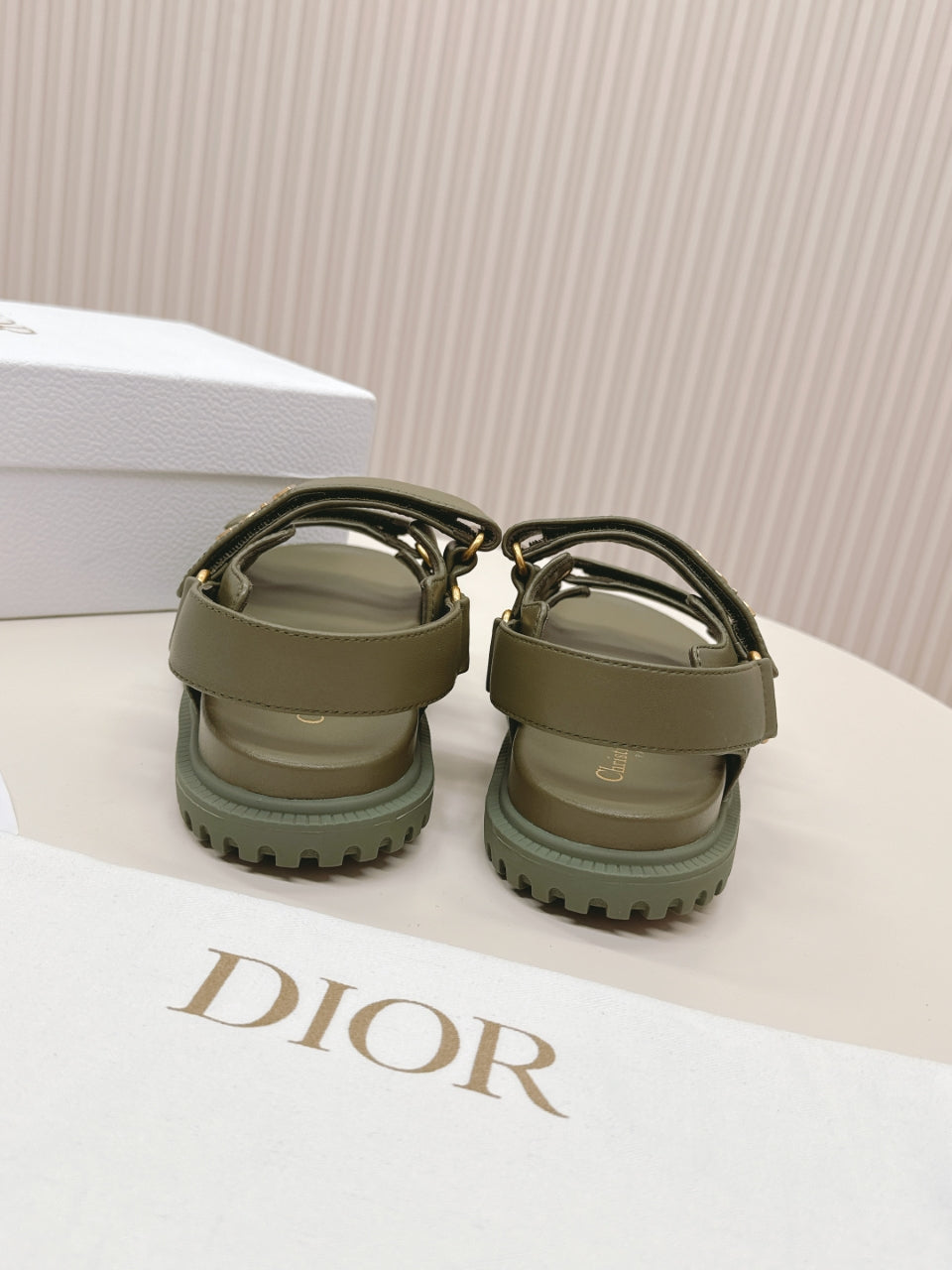DIOR BACK-STRAP SANDALS 25S IN MOSS GREEN CALFSKIN WITH GOLD HARDWARE