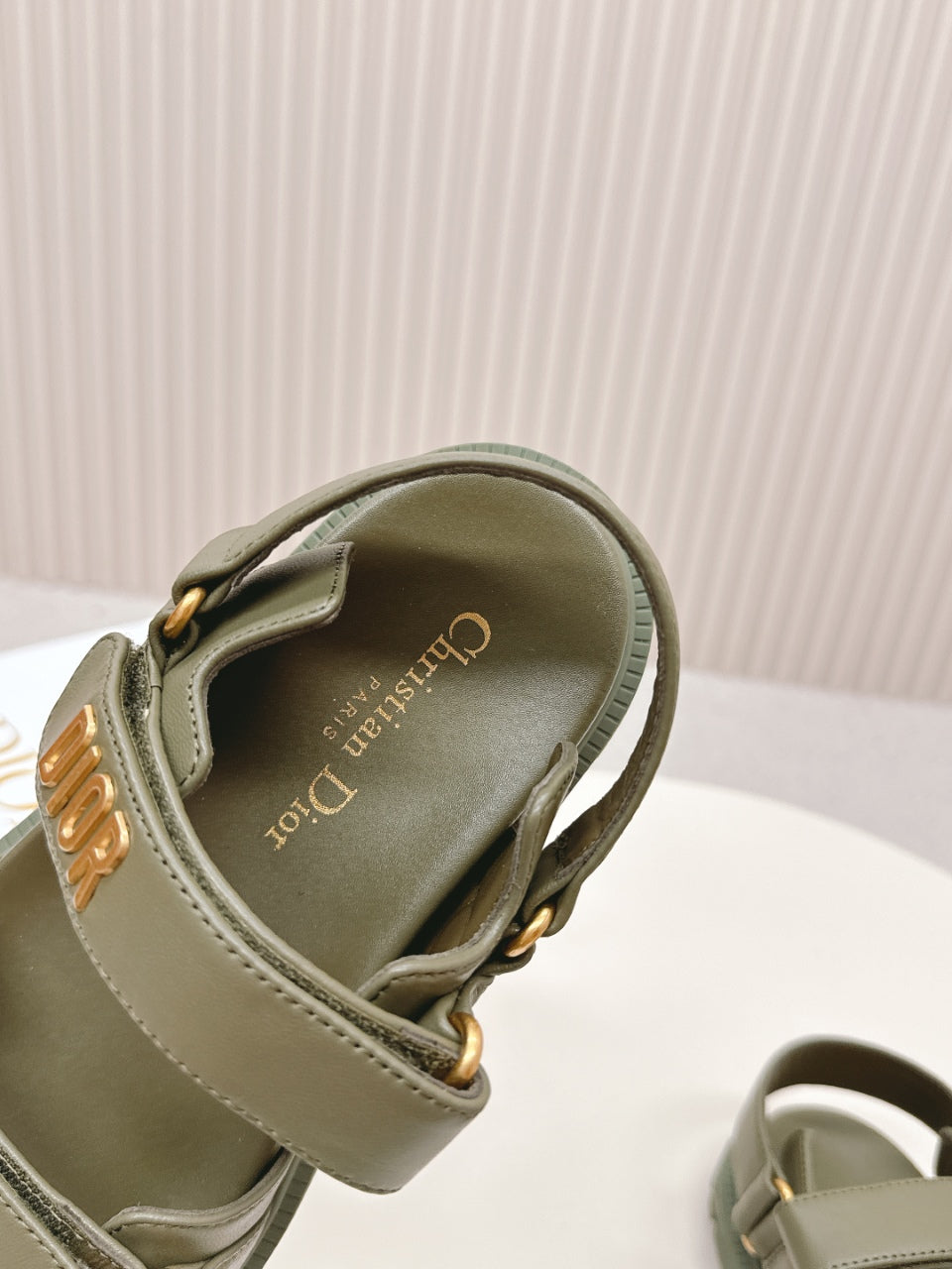 DIOR BACK-STRAP SANDALS 25S IN MOSS GREEN CALFSKIN WITH GOLD HARDWARE