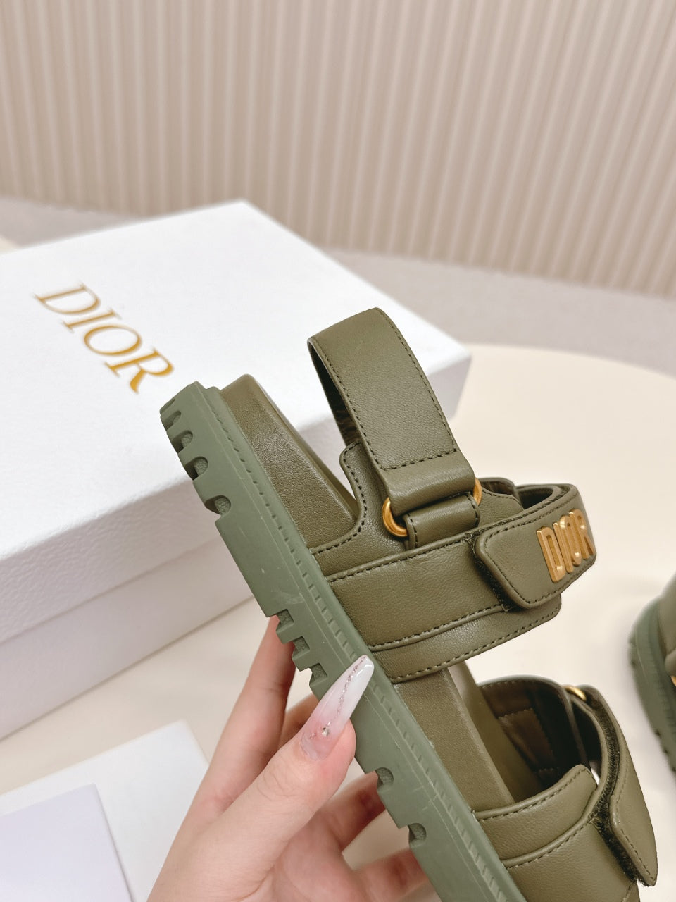 DIOR BACK-STRAP SANDALS 25S IN MOSS GREEN CALFSKIN WITH GOLD HARDWARE