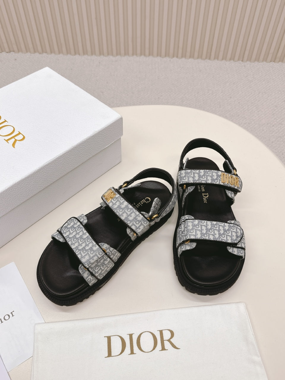 DIOR BACK-STRAP SANDALS 25S IN GREY FABRIC AND BLACK CALFSKIN WITH GOLD HARDWARE