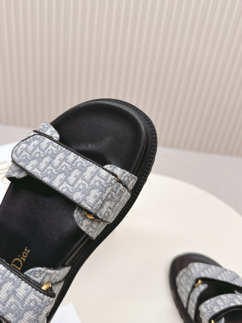 DIOR BACK-STRAP SANDALS 25S IN GREY FABRIC AND BLACK CALFSKIN WITH GOLD HARDWARE