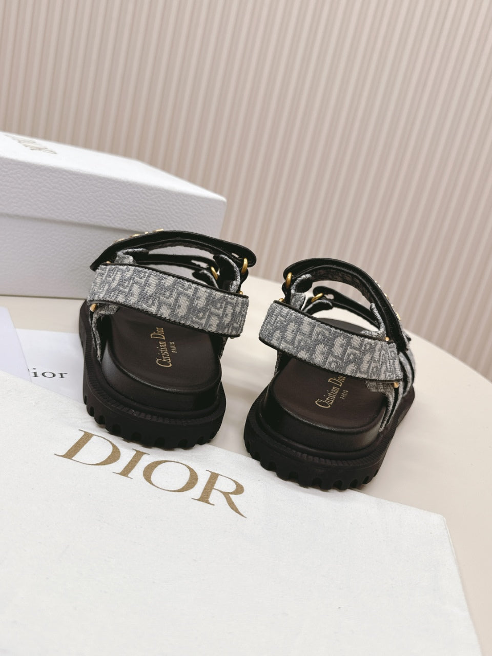 DIOR BACK-STRAP SANDALS 25S IN GREY FABRIC AND BLACK CALFSKIN WITH GOLD HARDWARE