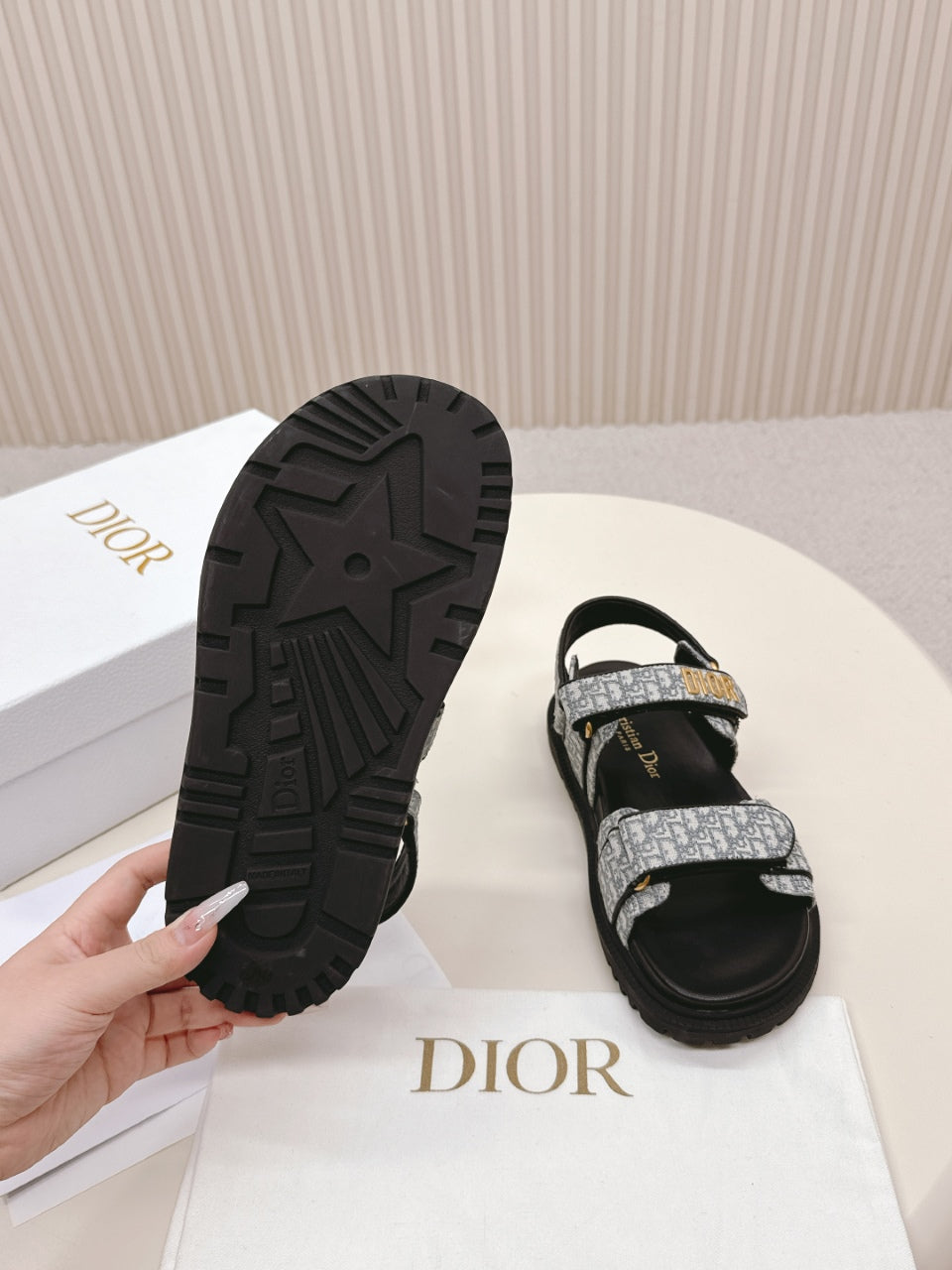 DIOR BACK-STRAP SANDALS 25S IN GREY FABRIC AND BLACK CALFSKIN WITH GOLD HARDWARE