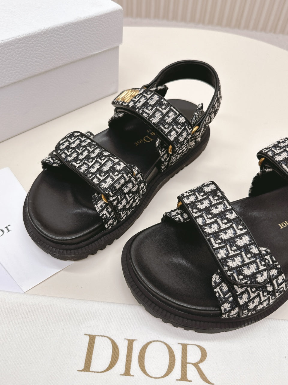 DIOR BACK-STRAP SANDALS 25S IN BLACK FABRIC AND CALFSKIN WITH GOLD HARDWARE