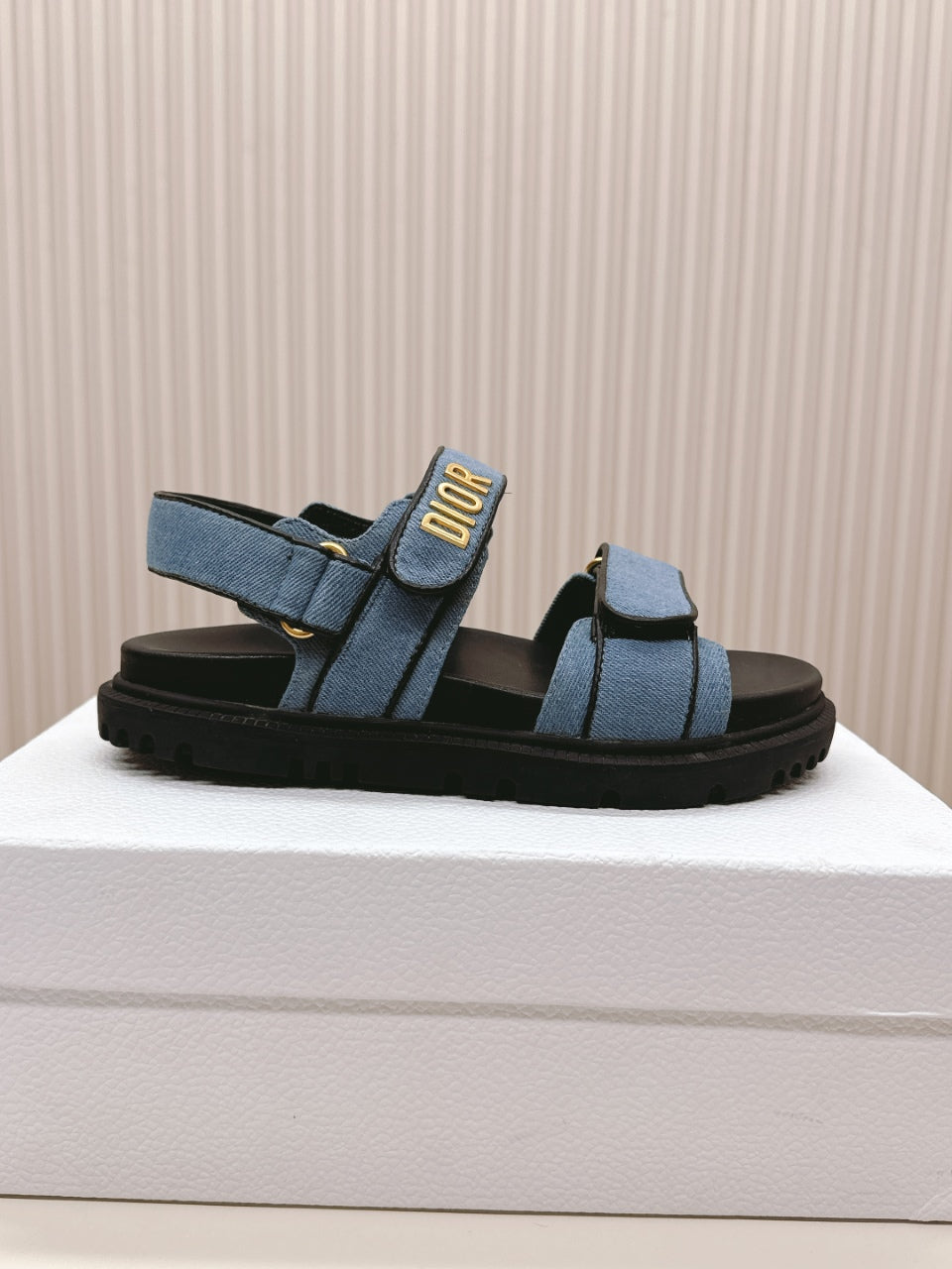 DIOR BACK-STRAP SANDALS 25S IN BLUE DENIM AND BLACK CALFSKIN WITH GOLD HARDWARE