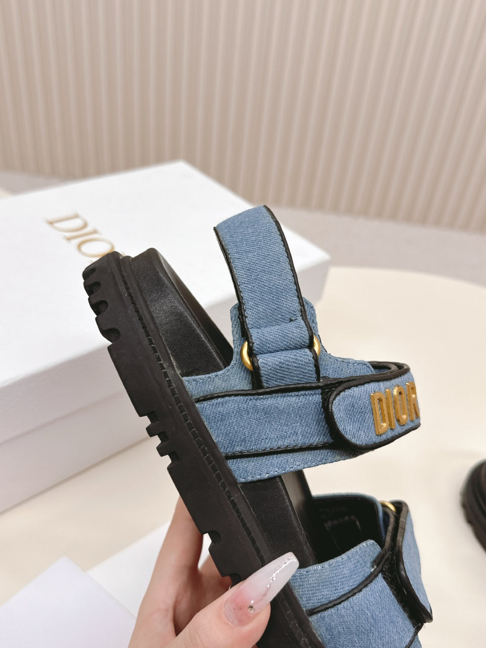 DIOR BACK-STRAP SANDALS 25S IN BLUE DENIM AND BLACK CALFSKIN WITH GOLD HARDWARE