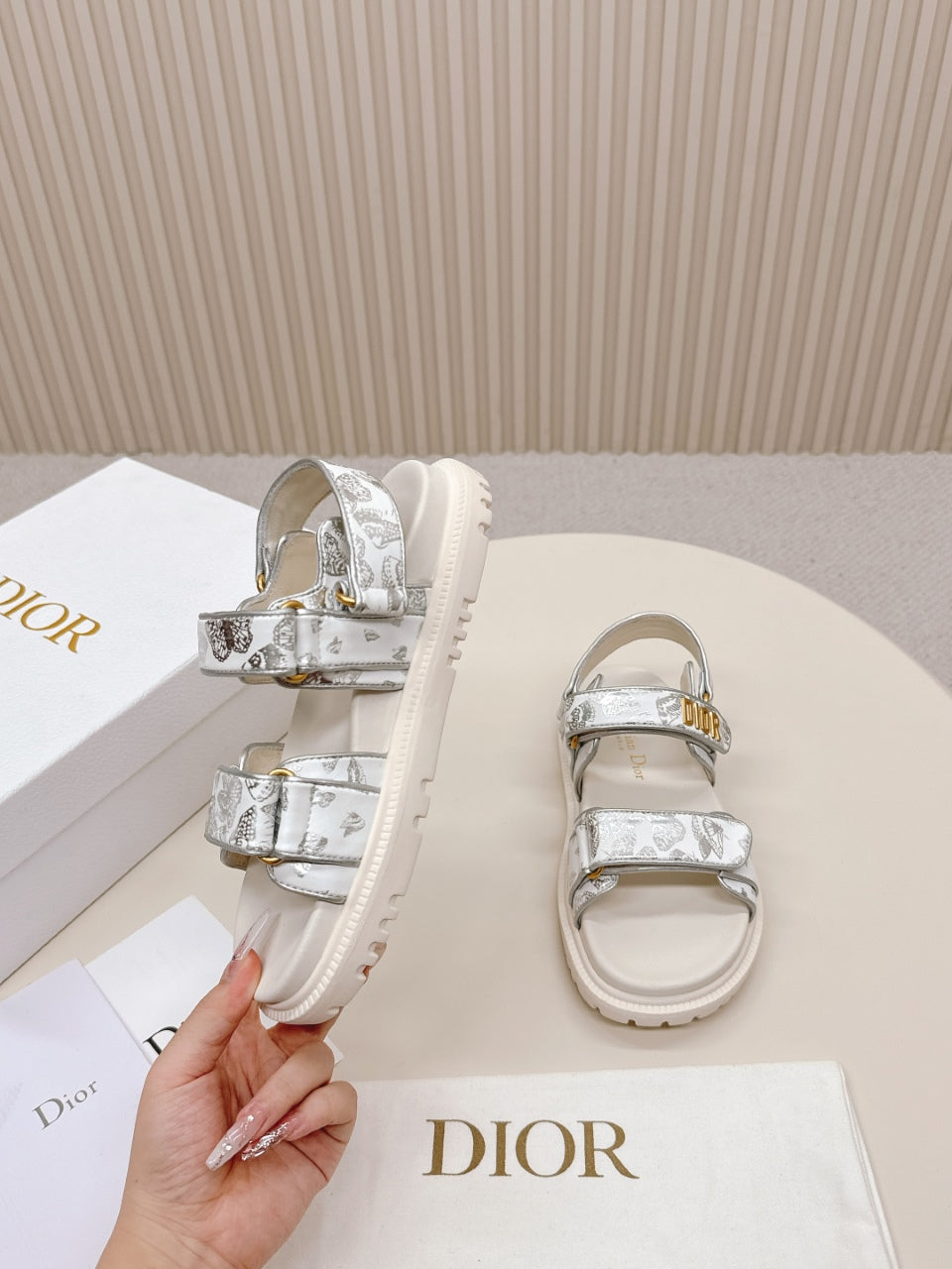 DIOR BACK-STRAP SANDALS 25S IN CREAM WHITE AND SILVER CALFSKIN WITH BUTTERFLY MOTIF