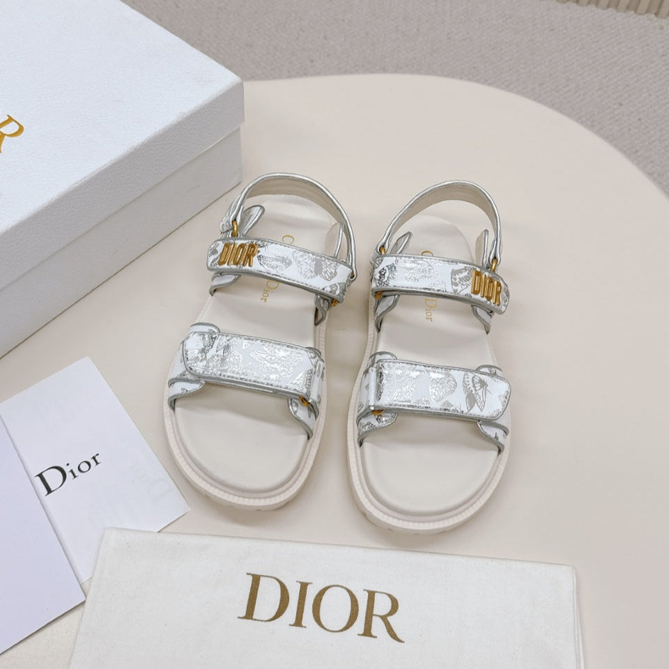 DIOR BACK-STRAP SANDALS 25S IN CREAM WHITE AND SILVER CALFSKIN WITH BUTTERFLY MOTIF