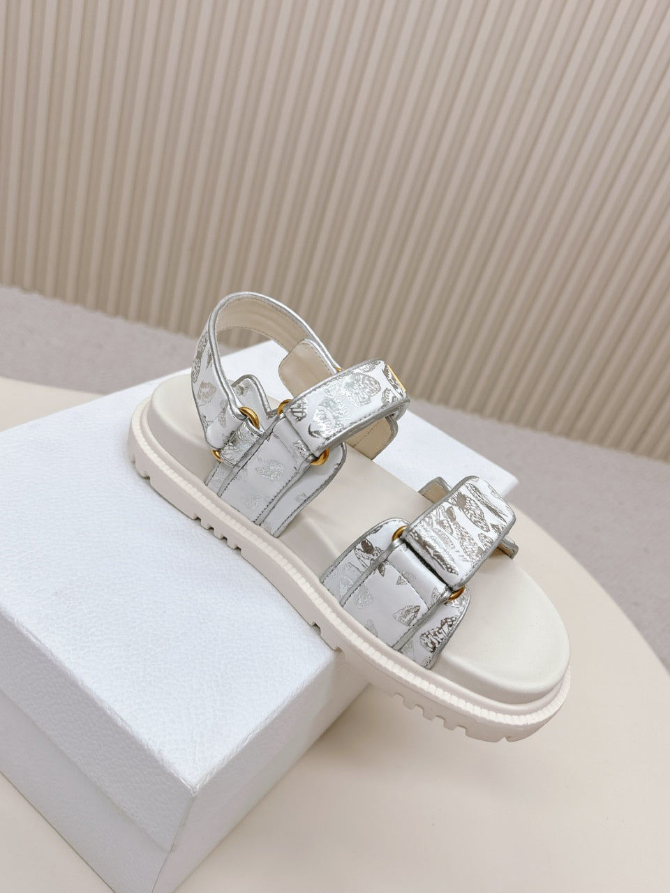 DIOR BACK-STRAP SANDALS 25S IN CREAM WHITE AND SILVER CALFSKIN WITH BUTTERFLY MOTIF