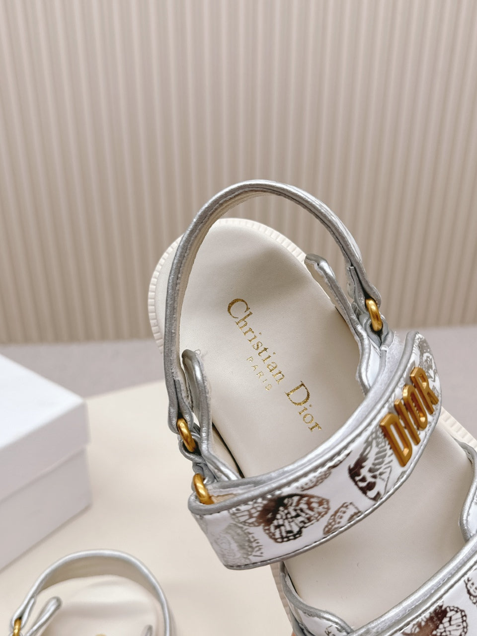 DIOR BACK-STRAP SANDALS 25S IN CREAM WHITE AND SILVER CALFSKIN WITH BUTTERFLY MOTIF