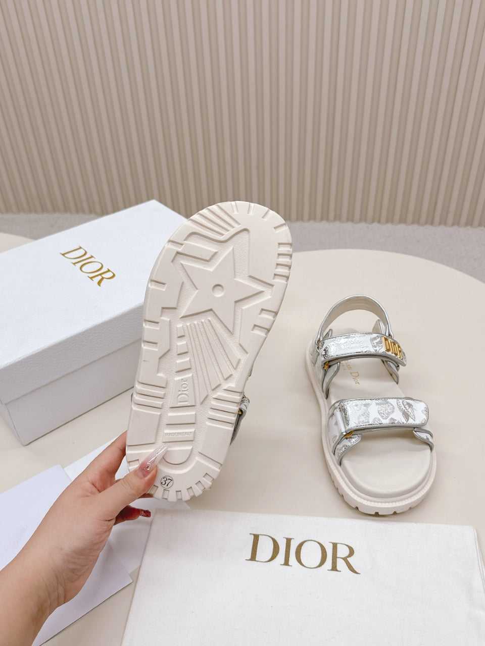 DIOR BACK-STRAP SANDALS 25S IN CREAM WHITE AND SILVER CALFSKIN WITH BUTTERFLY MOTIF